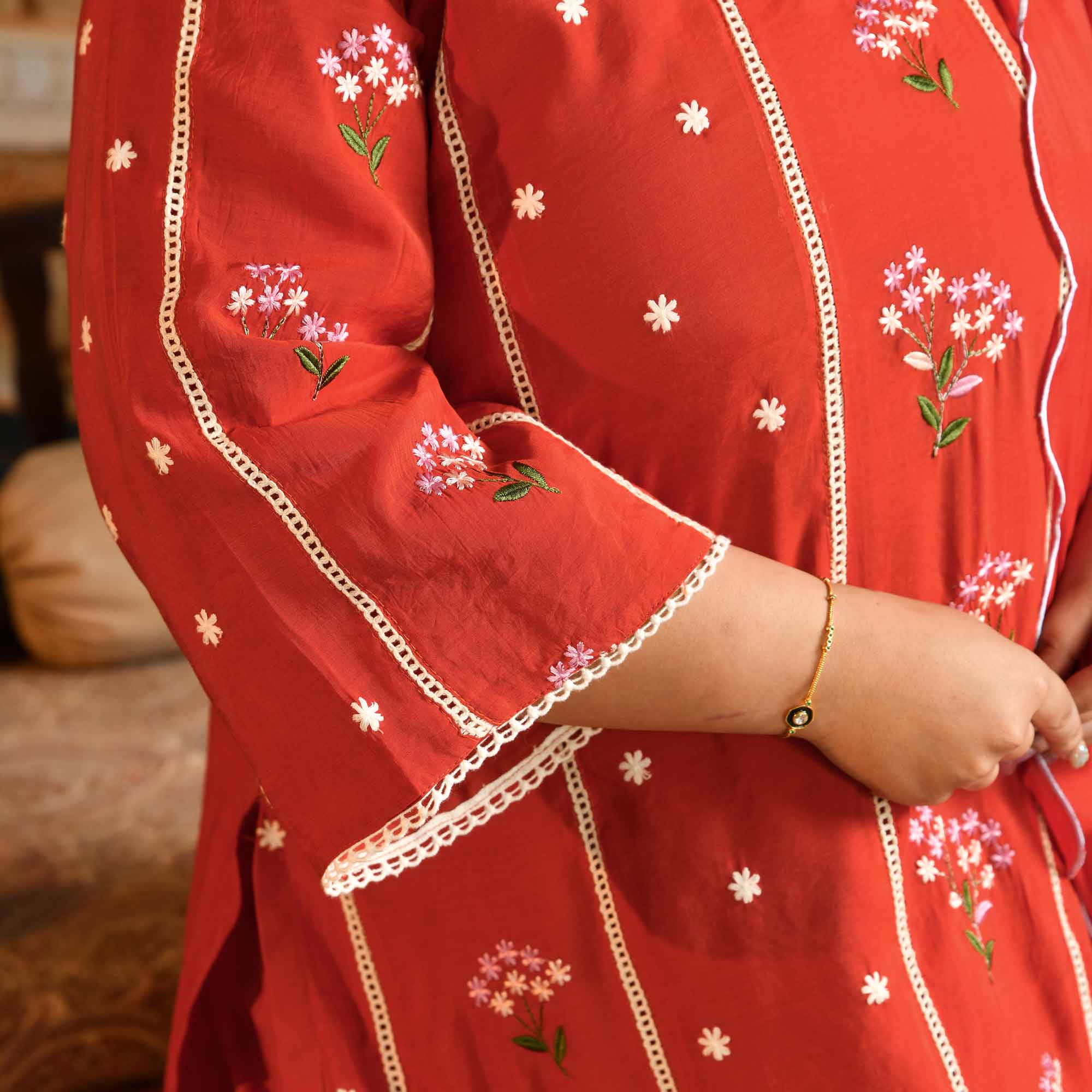 Apple Rush- Rust Orange Thread Embroidered Mul Chanderi Suit Set