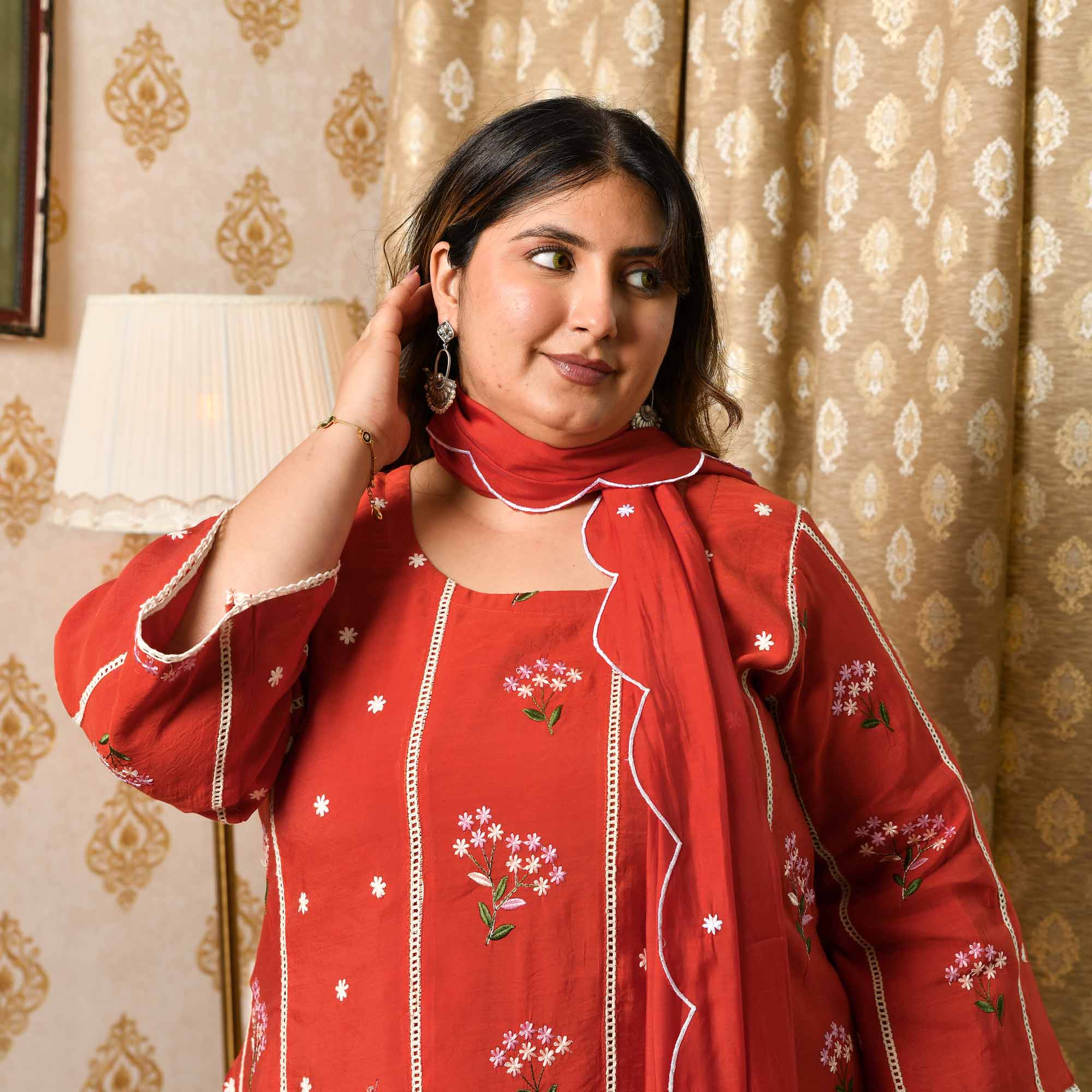 Apple Rush- Rust Orange Thread Embroidered Mul Chanderi Suit Set