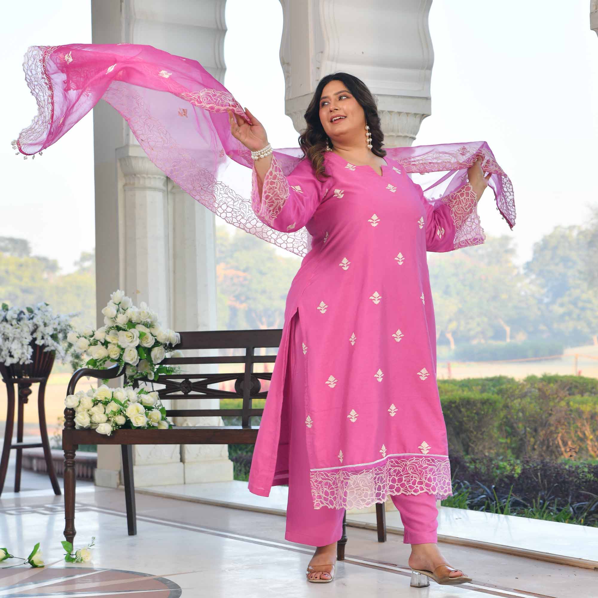 Sweet Grape- Pearly Mauve Thread Embroidered Mul Chanderi Suit Set