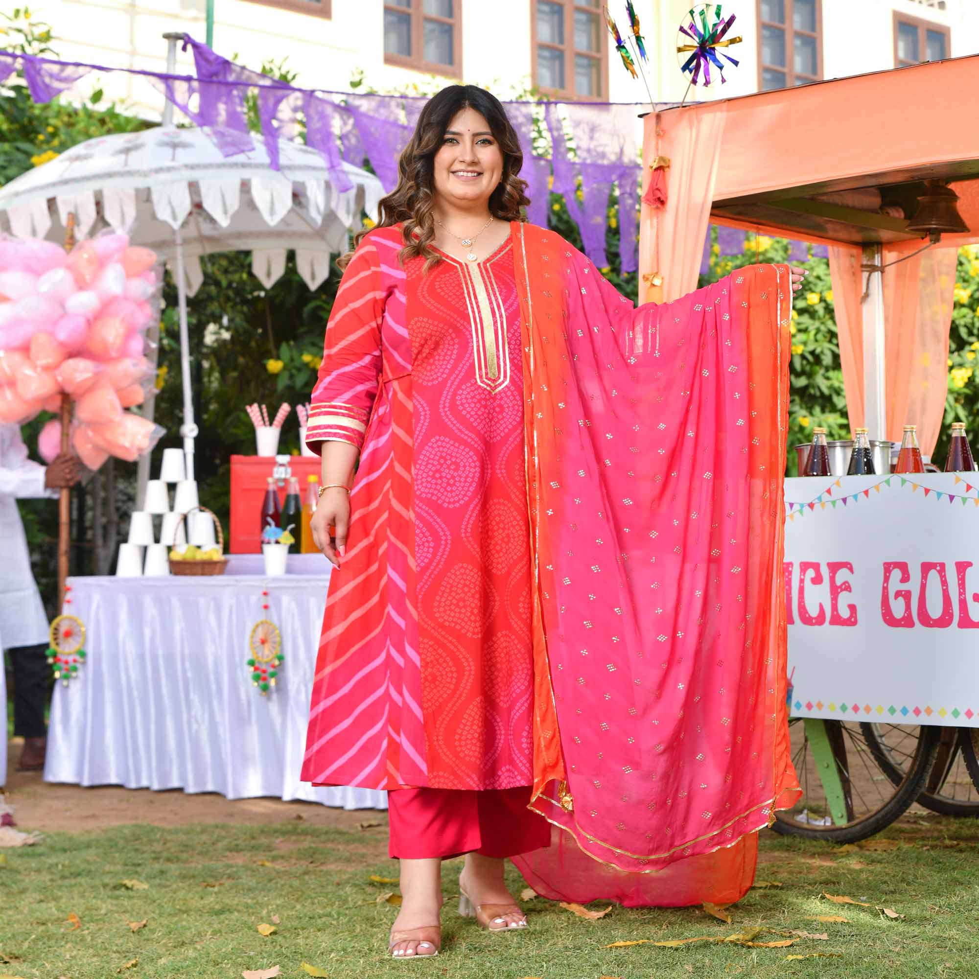 Roohafza- Rani & Red Bandhani Leheriya Printed Aline Slit Suit Set