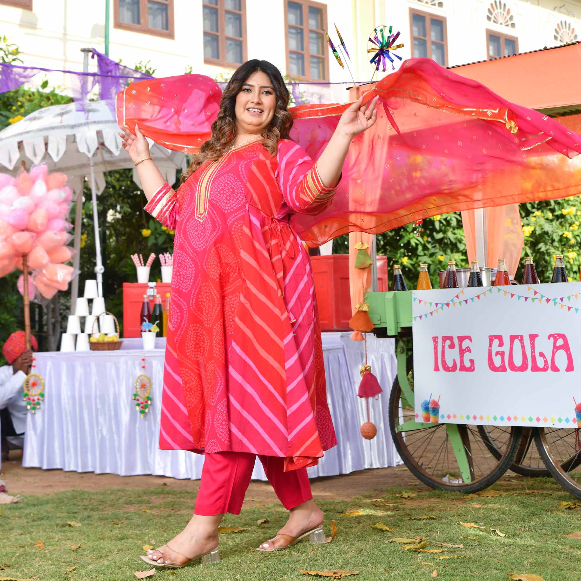Roohafza- Rani & Red Bandhani Leheriya Printed Aline Slit Suit Set