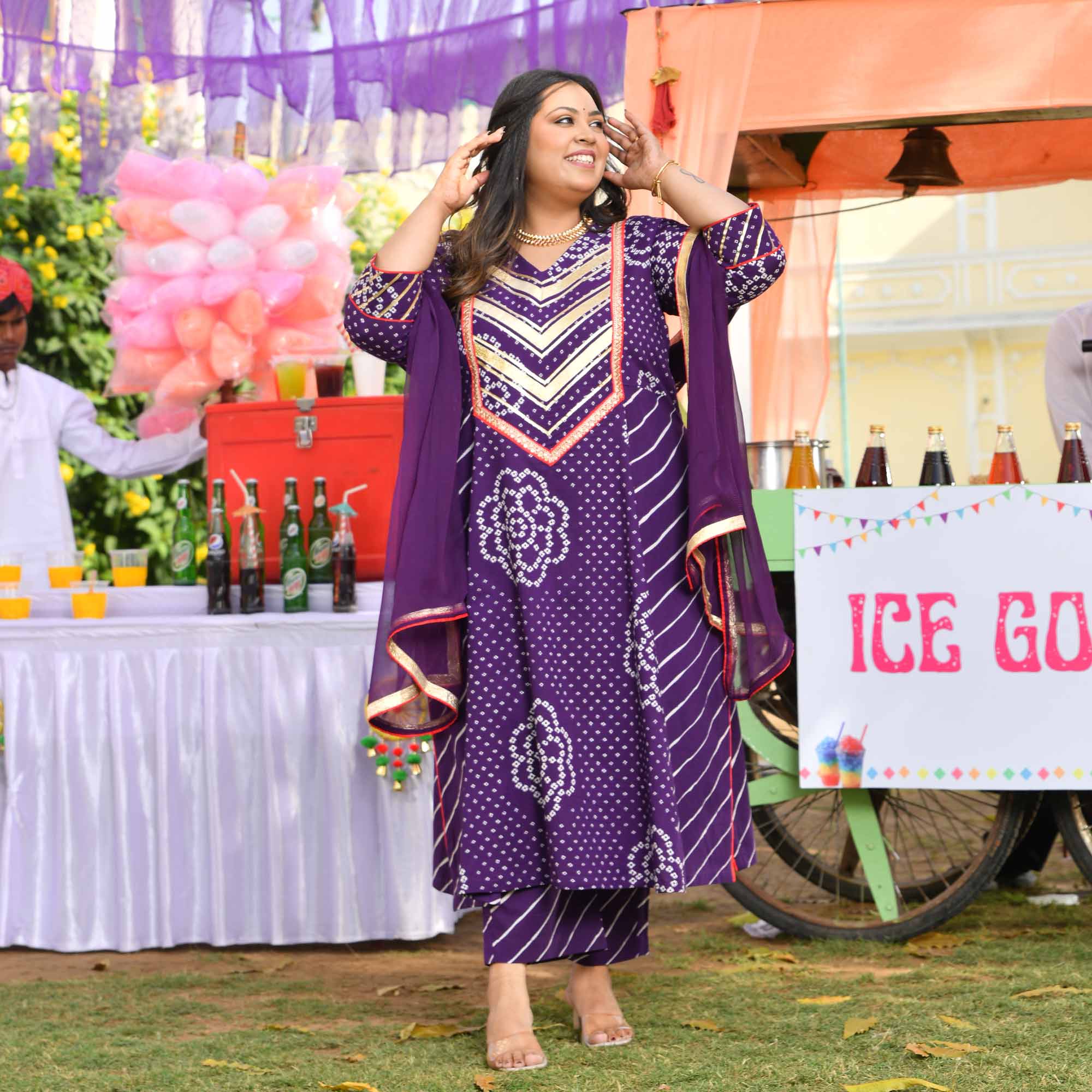 Kala Khatta- Deep Purple Bandhani Leheriya Aline Slit Suit Set