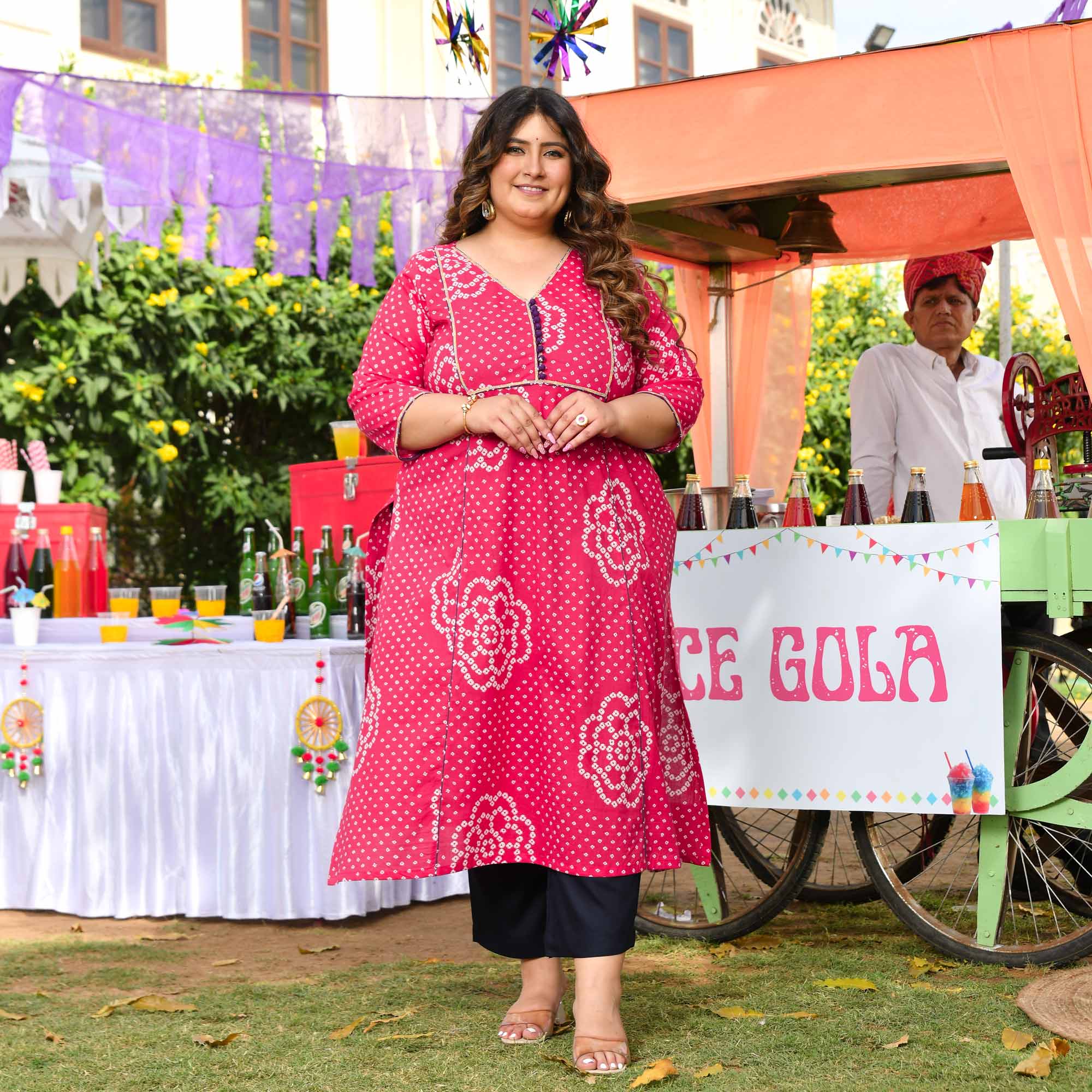 Gulkand- Raspberry Pink Bandhani Printed Pure Cotton Aline Slit Kurta