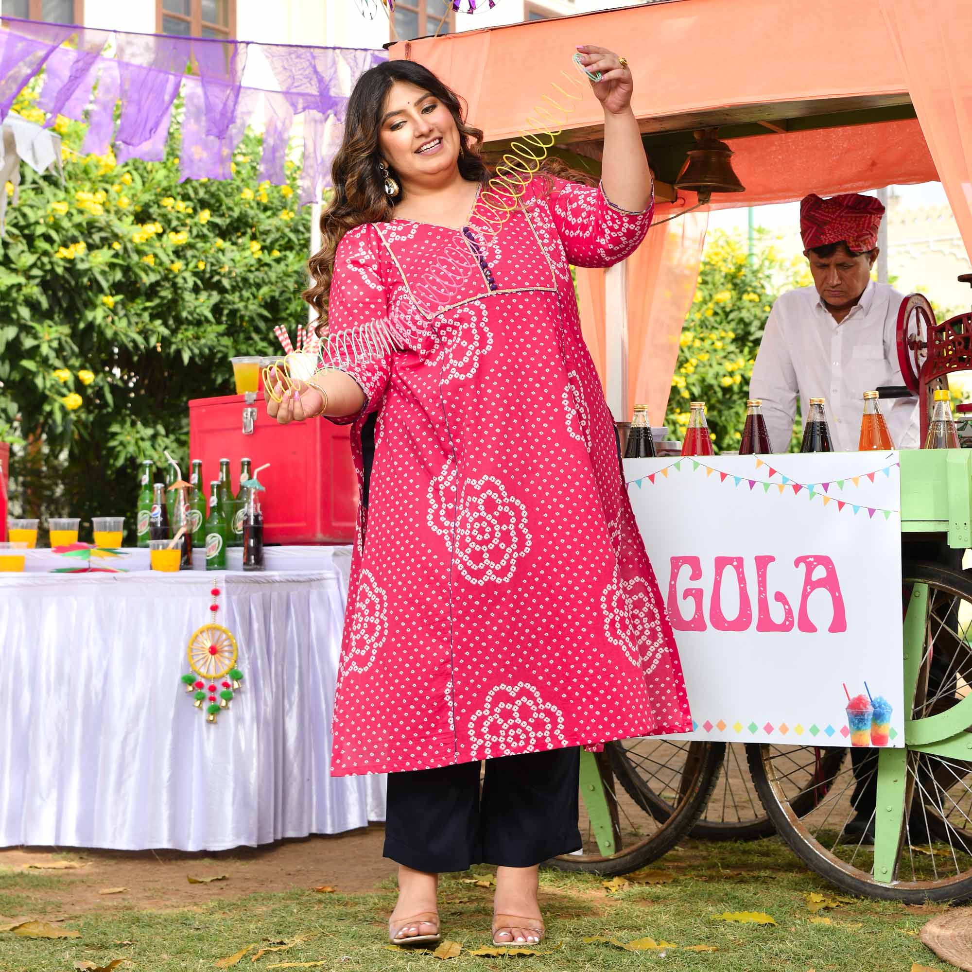 Gulkand- Raspberry Pink Bandhani Printed Pure Cotton Aline Slit Kurta