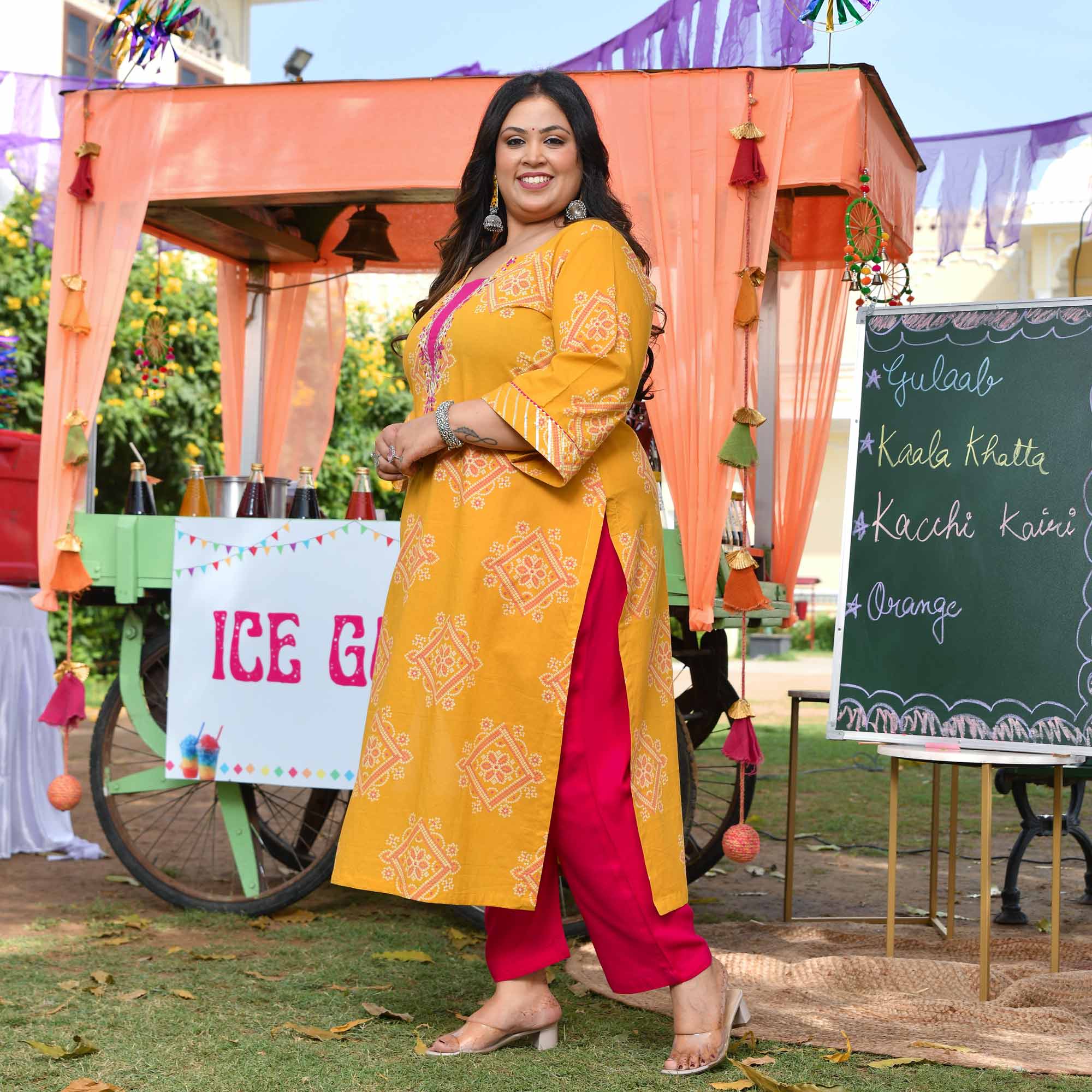 Nimbu Fresh- Yellow Bandhani Embroidered Pure Cotton Kurta