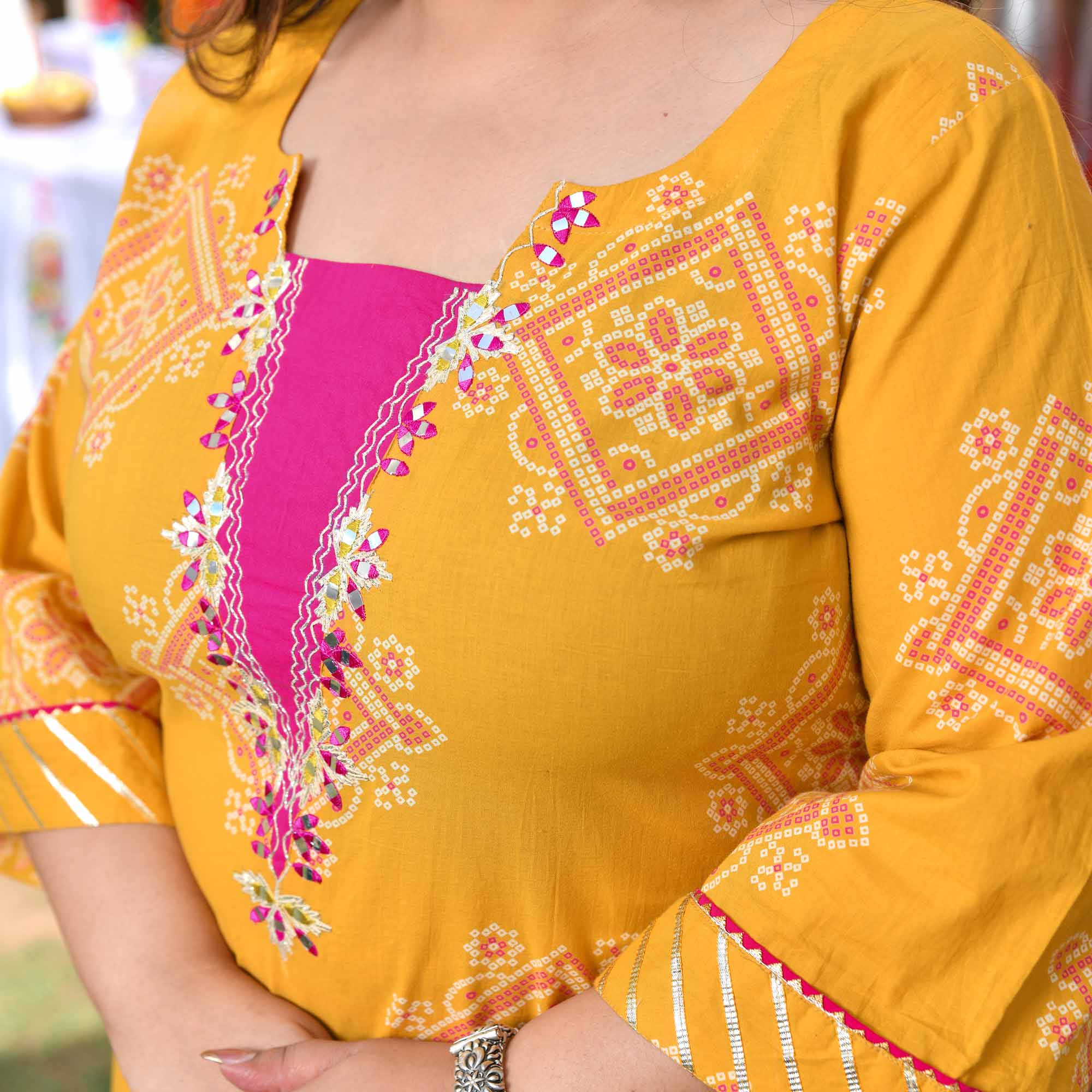 Nimbu Fresh- Yellow Bandhani Embroidered Pure Cotton Kurta