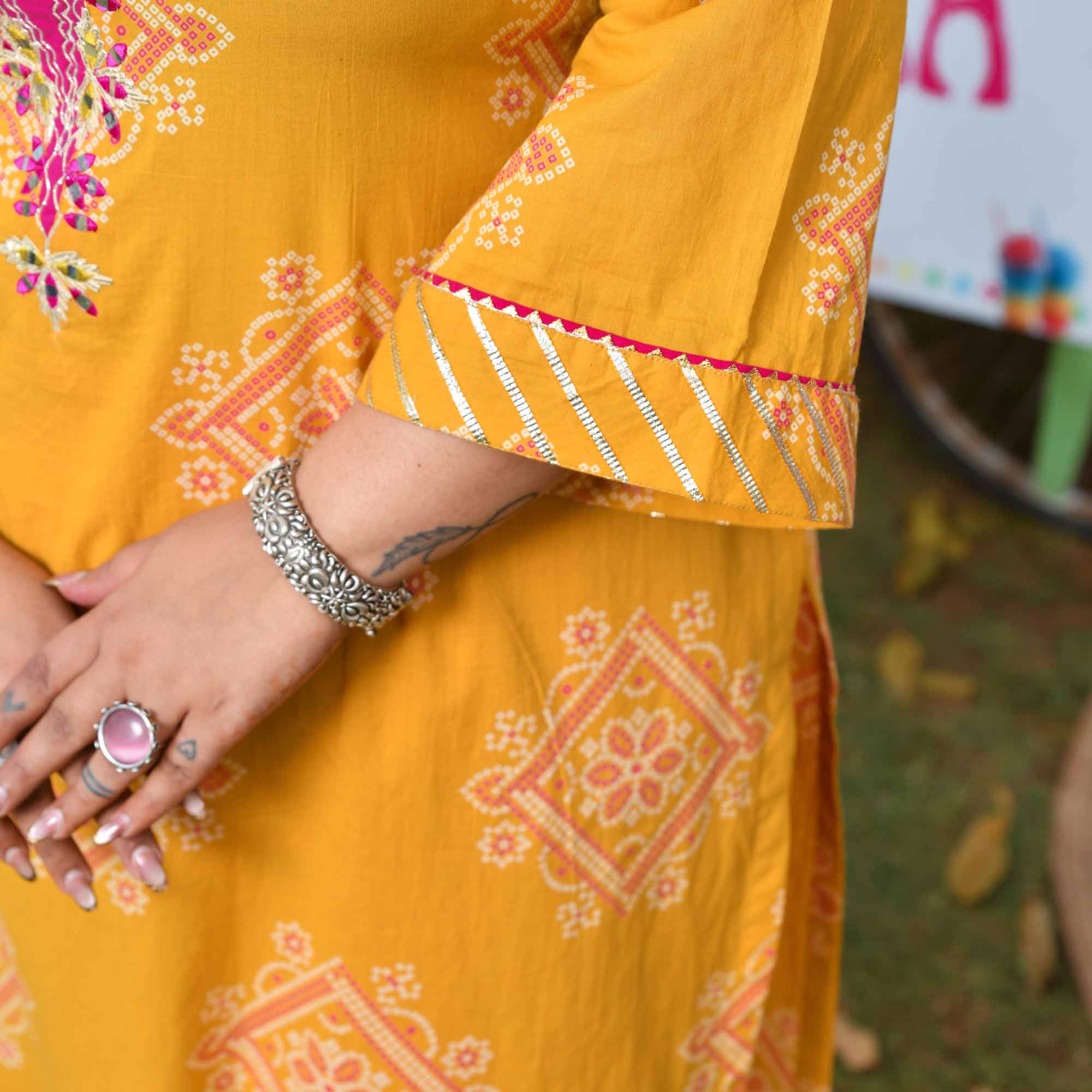 Nimbu Fresh- Yellow Bandhani Embroidered Pure Cotton Kurta