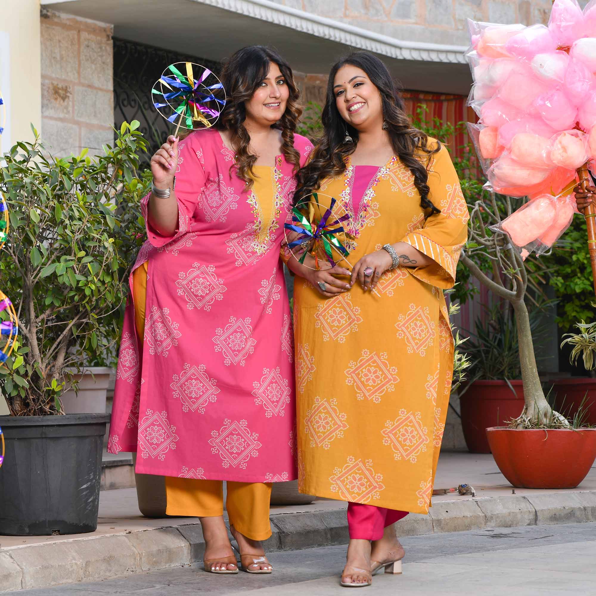 Nimbu Fresh- Yellow Bandhani Embroidered Pure Cotton Kurta