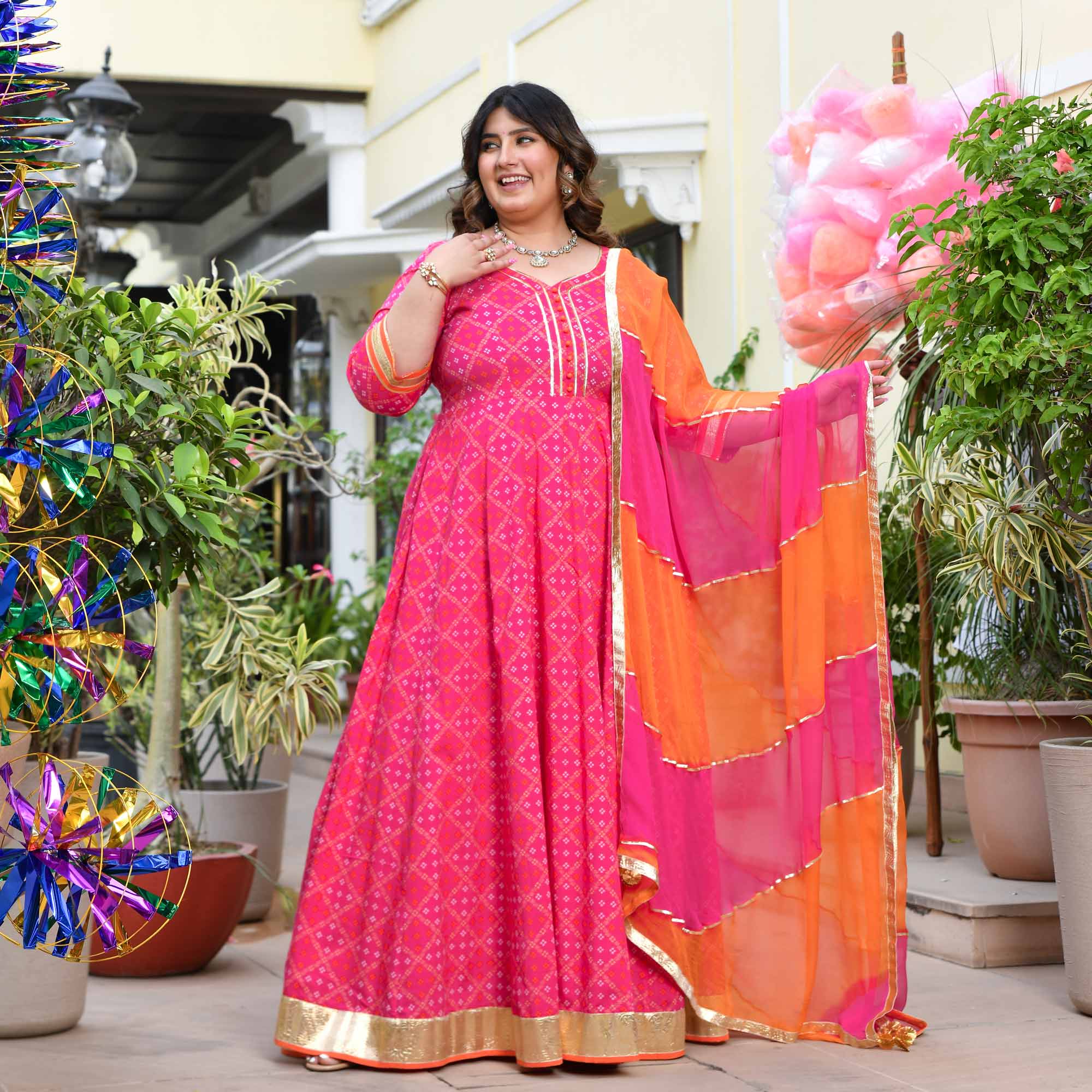 Phirki- Pink Bandhani Pure Cotton Anarkali Set