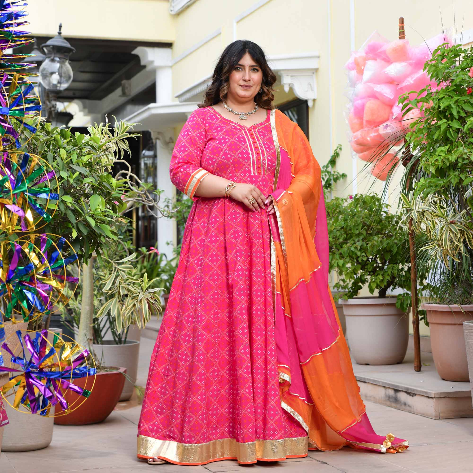 Phirki- Pink Bandhani Pure Cotton Anarkali Set