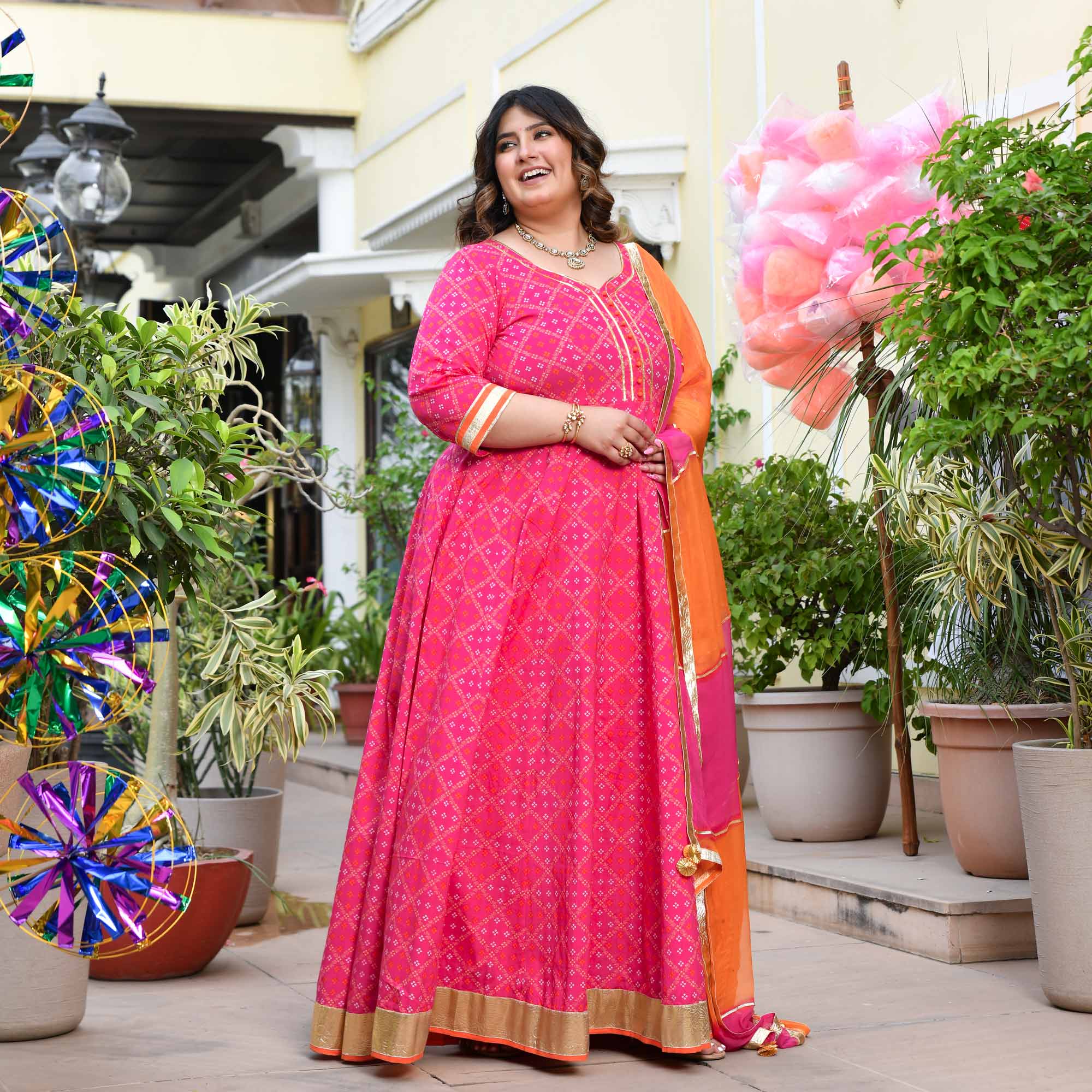 Phirki- Pink Bandhani Pure Cotton Anarkali Set