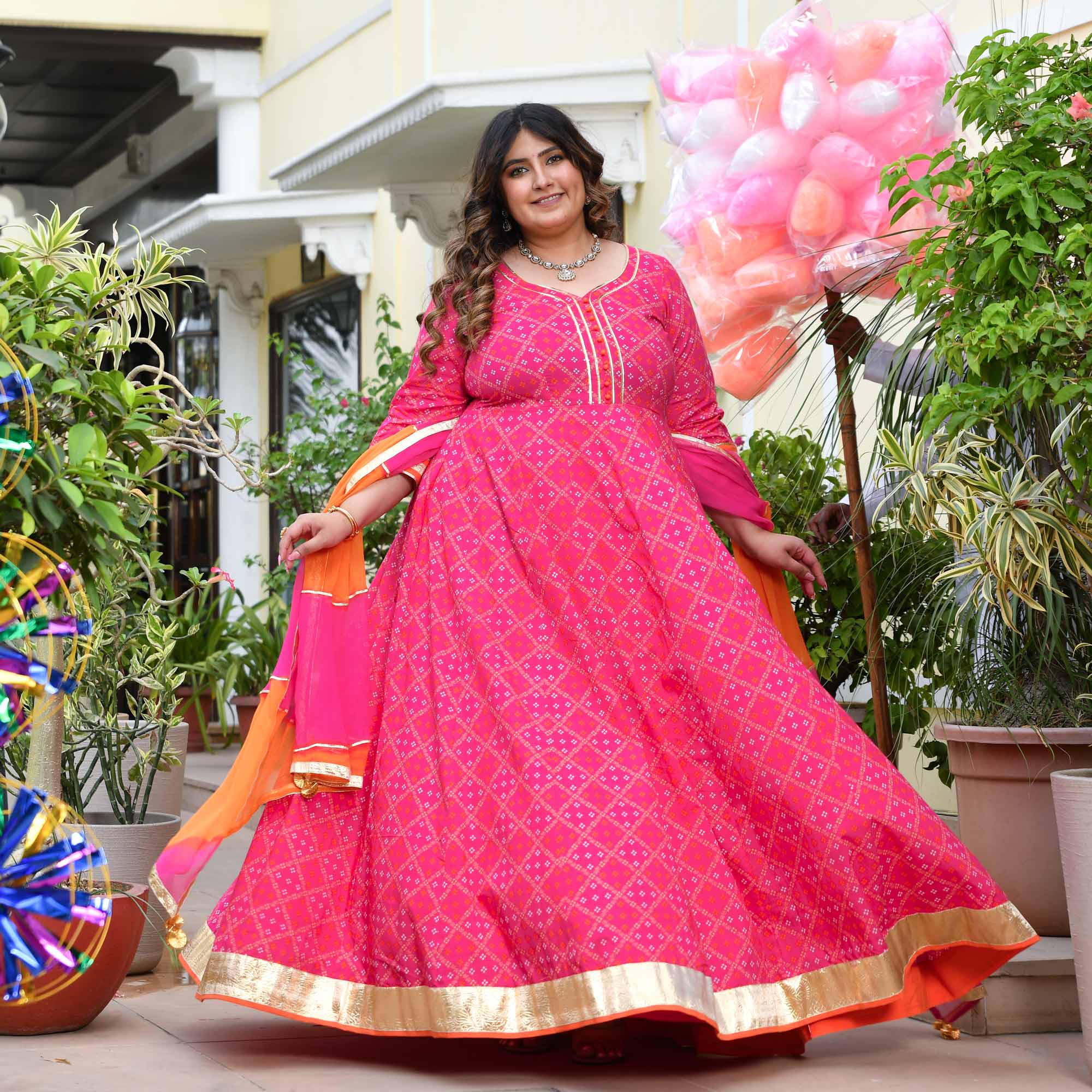 Phirki- Pink Bandhani Pure Cotton Anarkali Set