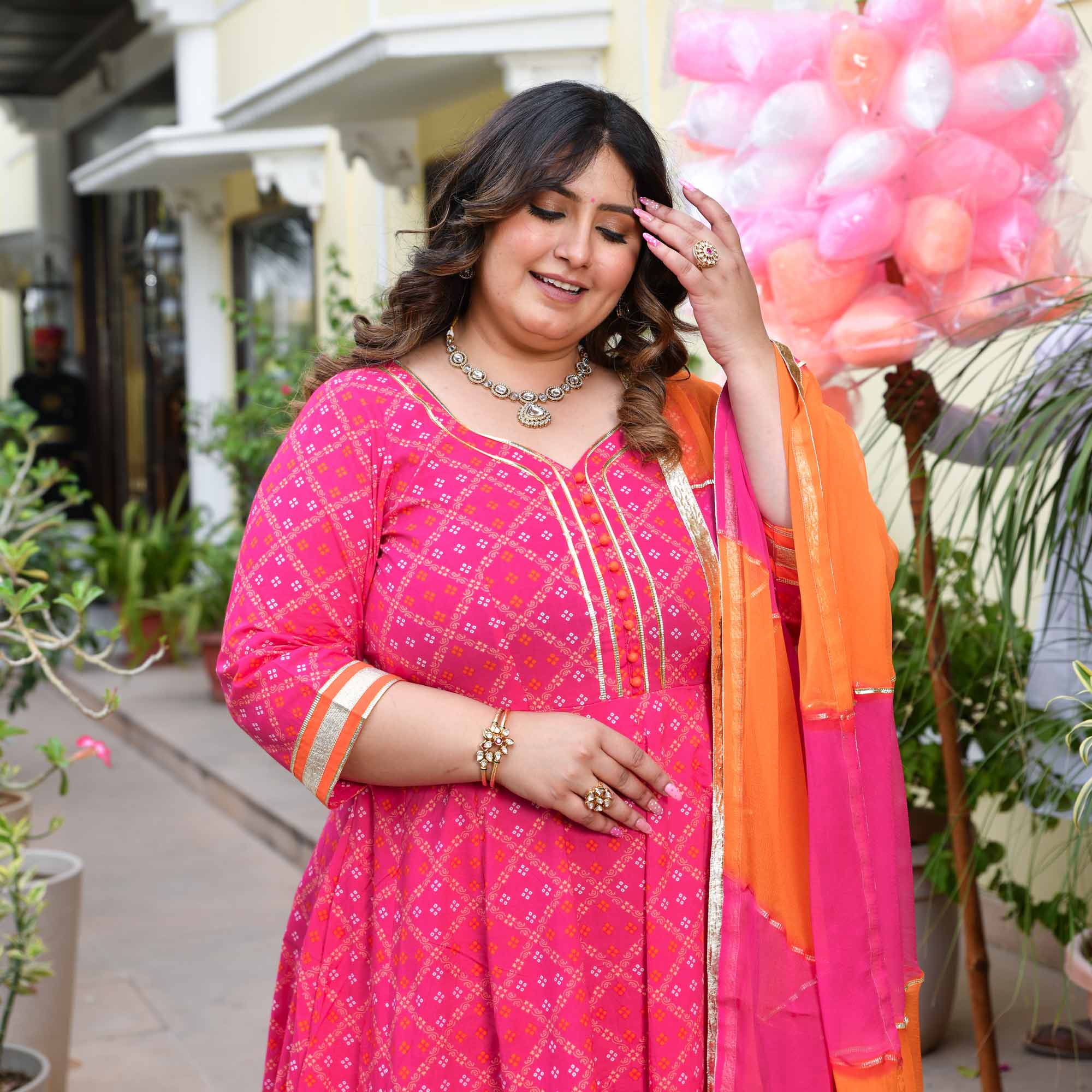 Phirki- Pink Bandhani Pure Cotton Anarkali Set