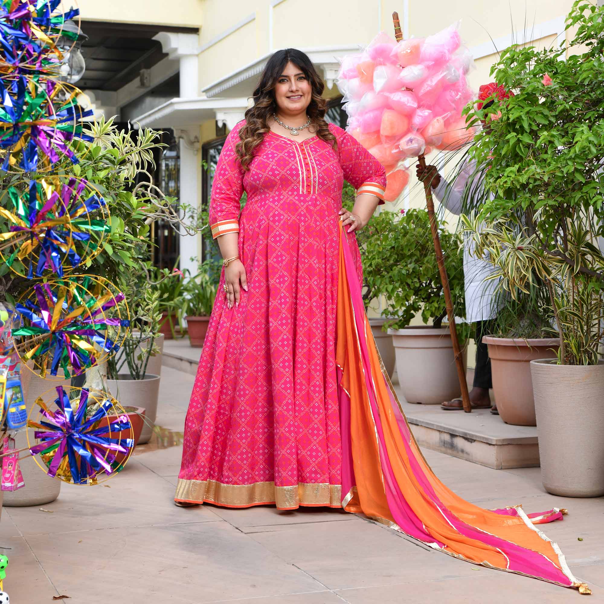 Phirki- Pink Bandhani Pure Cotton Anarkali Set