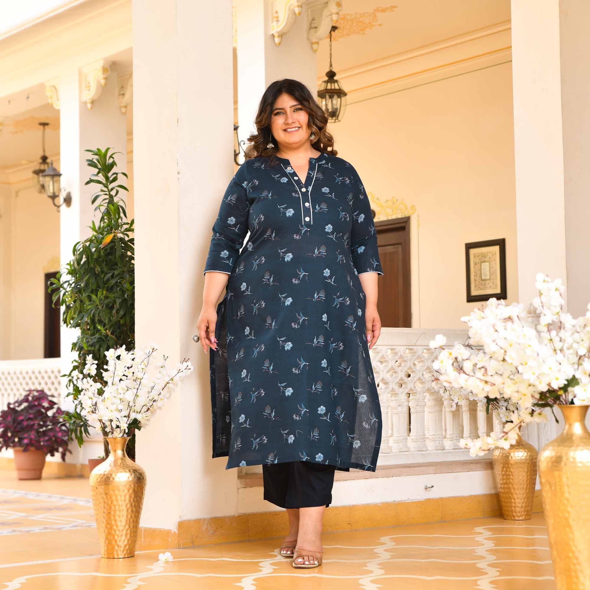 Mixed Berries- Prussian Blue Floral Printed Pure Cotton Kurta