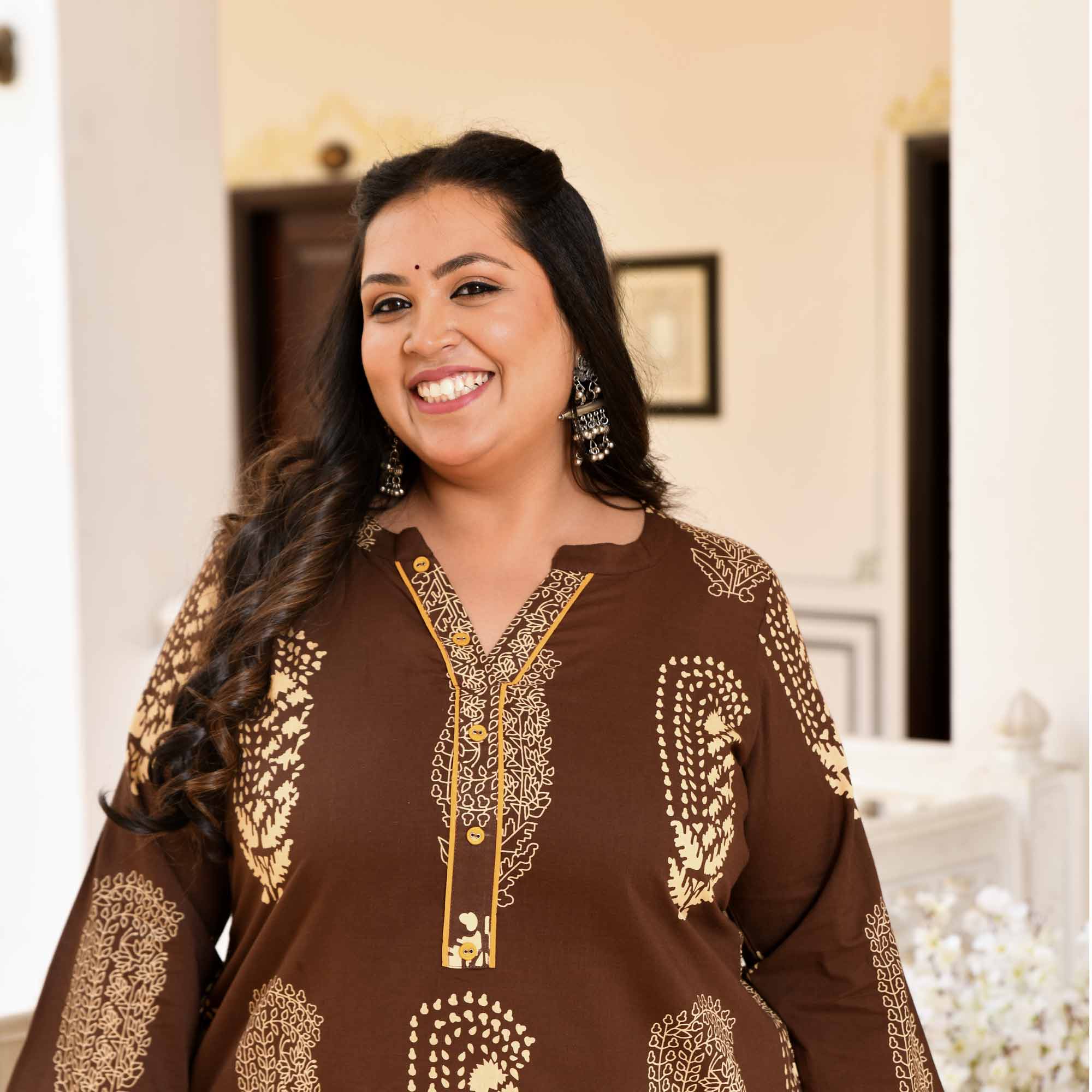 Belgian Chocolate- Brown Butta Printed Pure Cotton Kurta