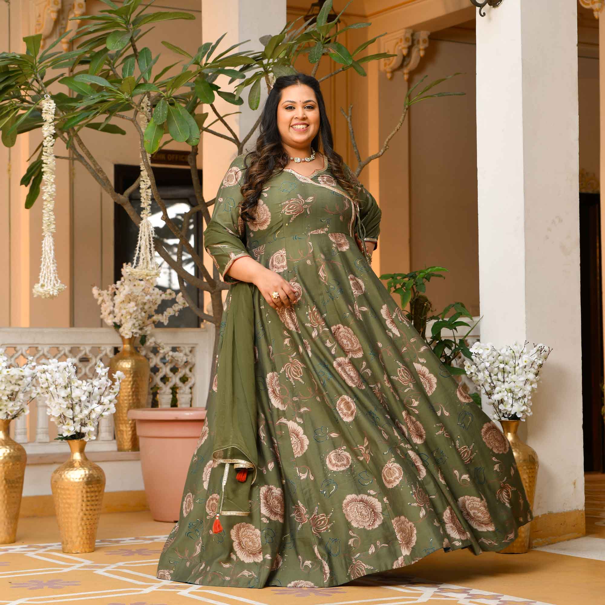 Dori- Dark Olive Green Floral Print Modal Viscose Blend Anarkali Set