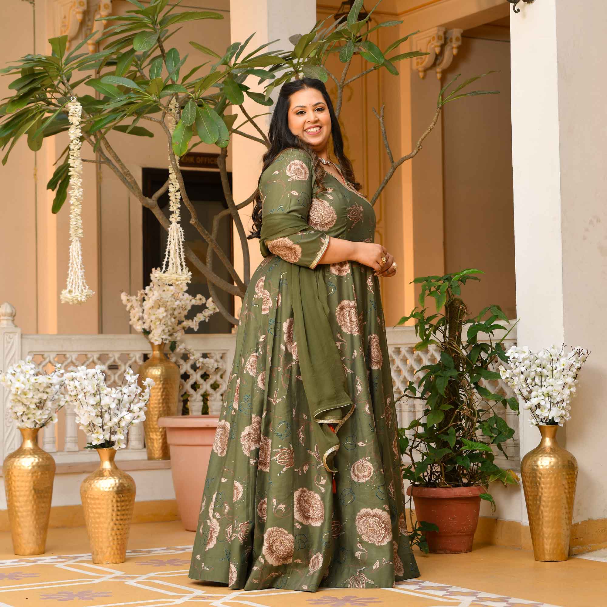 Dori- Dark Olive Green Floral Print Modal Viscose Blend Anarkali Set