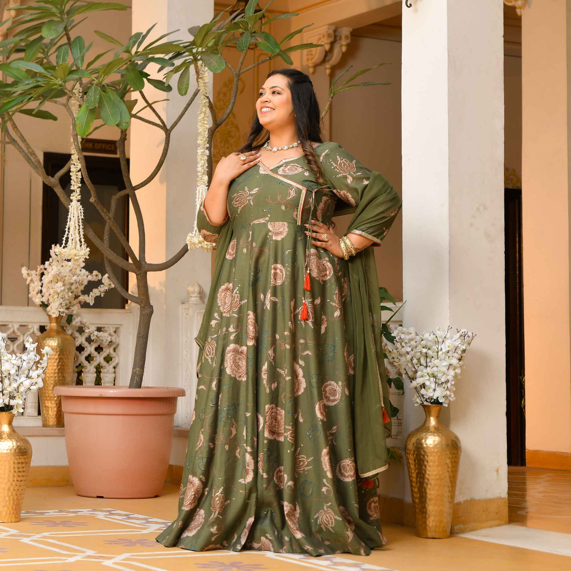 Dori- Dark Olive Green Floral Print Modal Viscose Blend Anarkali Set