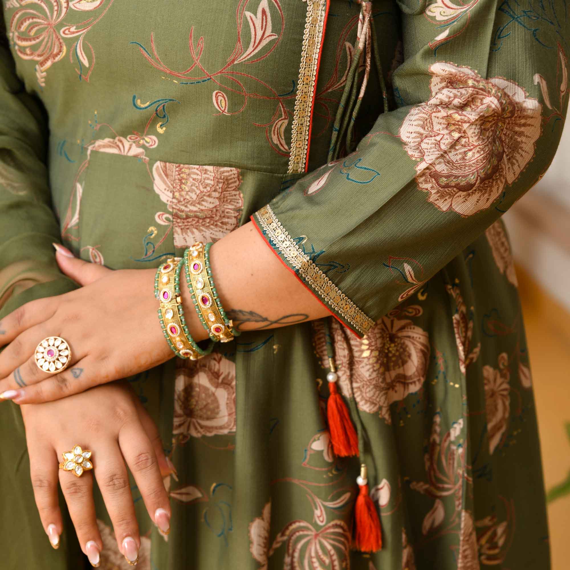 Dori- Dark Olive Green Floral Print Modal Viscose Blend Anarkali Set
