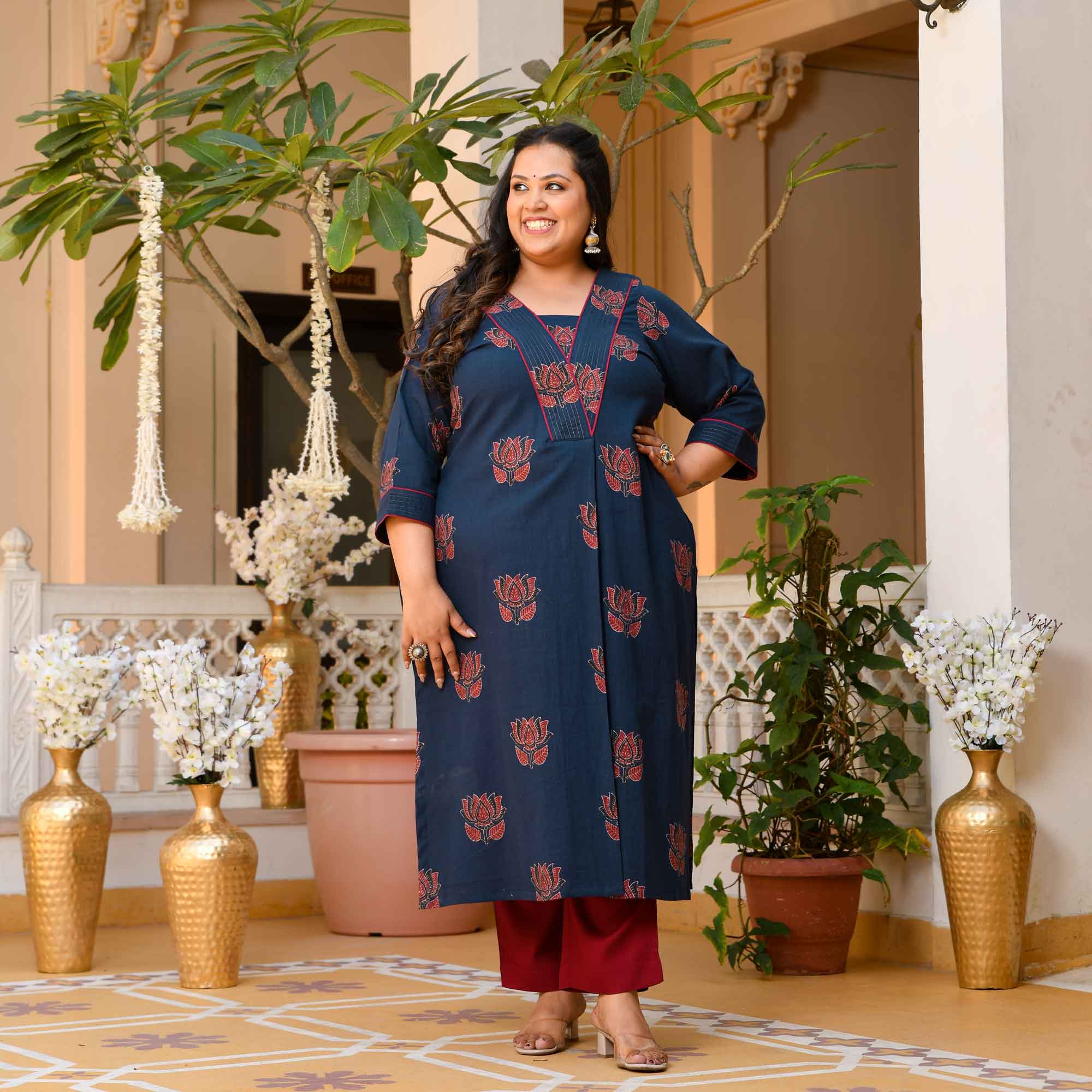 Kesar Pista- Navy Blue Lotus Ajrakh Pleated Pure Cotton Kurta