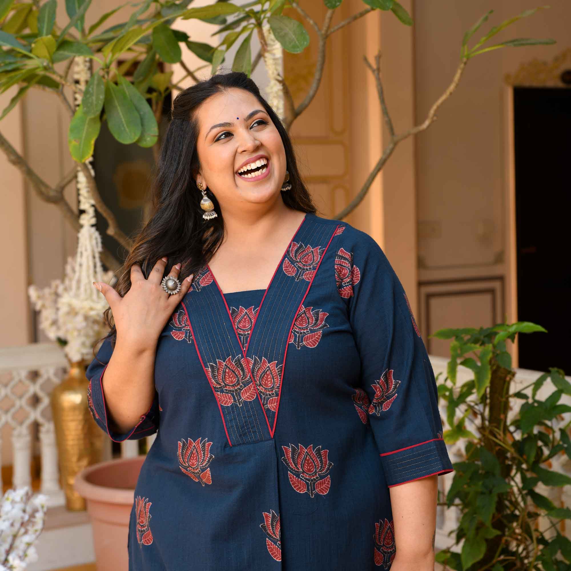 Kesar Pista- Navy Blue Lotus Ajrakh Pleated Pure Cotton Kurta