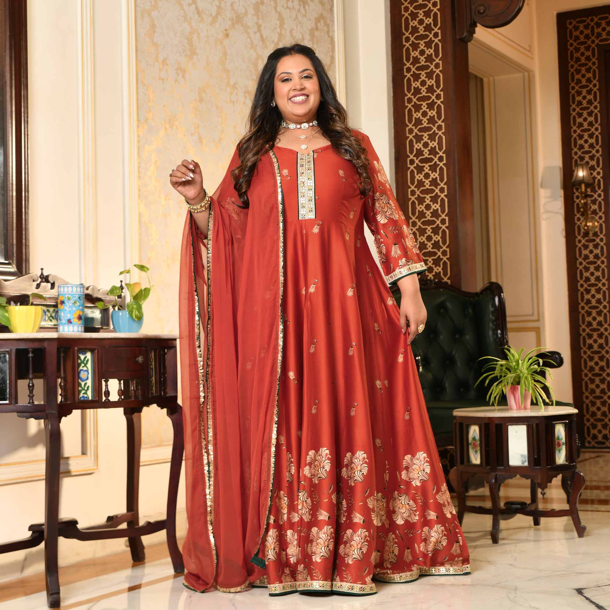 Manek Chowk- Rust Orange Pure Gaji Silk Floral Anarkali Set