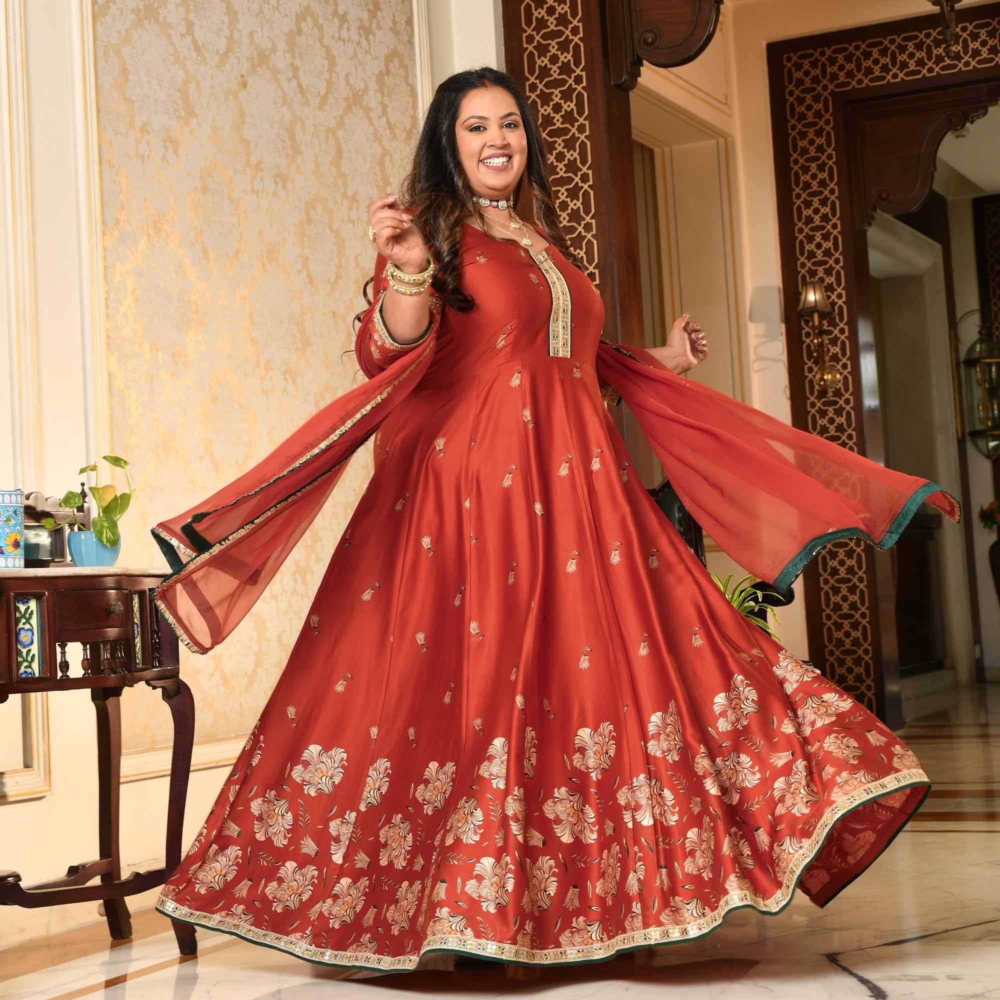 Manek Chowk- Rust Orange Pure Gaji Silk Floral Anarkali Set