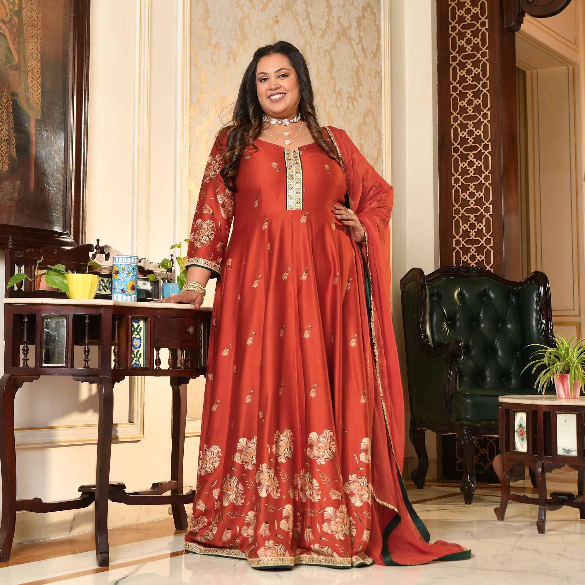 Manek Chowk- Rust Orange Pure Gaji Silk Floral Anarkali Set
