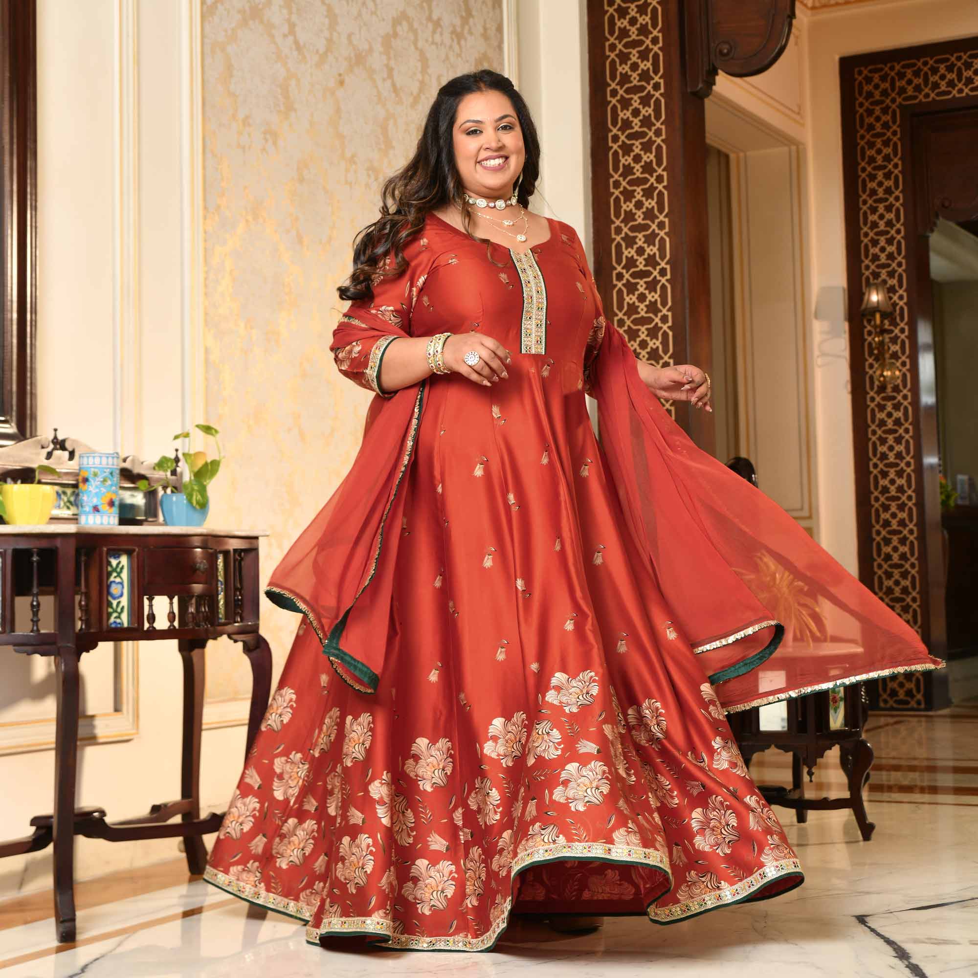 Manek Chowk- Rust Orange Pure Gaji Silk Floral Anarkali Set