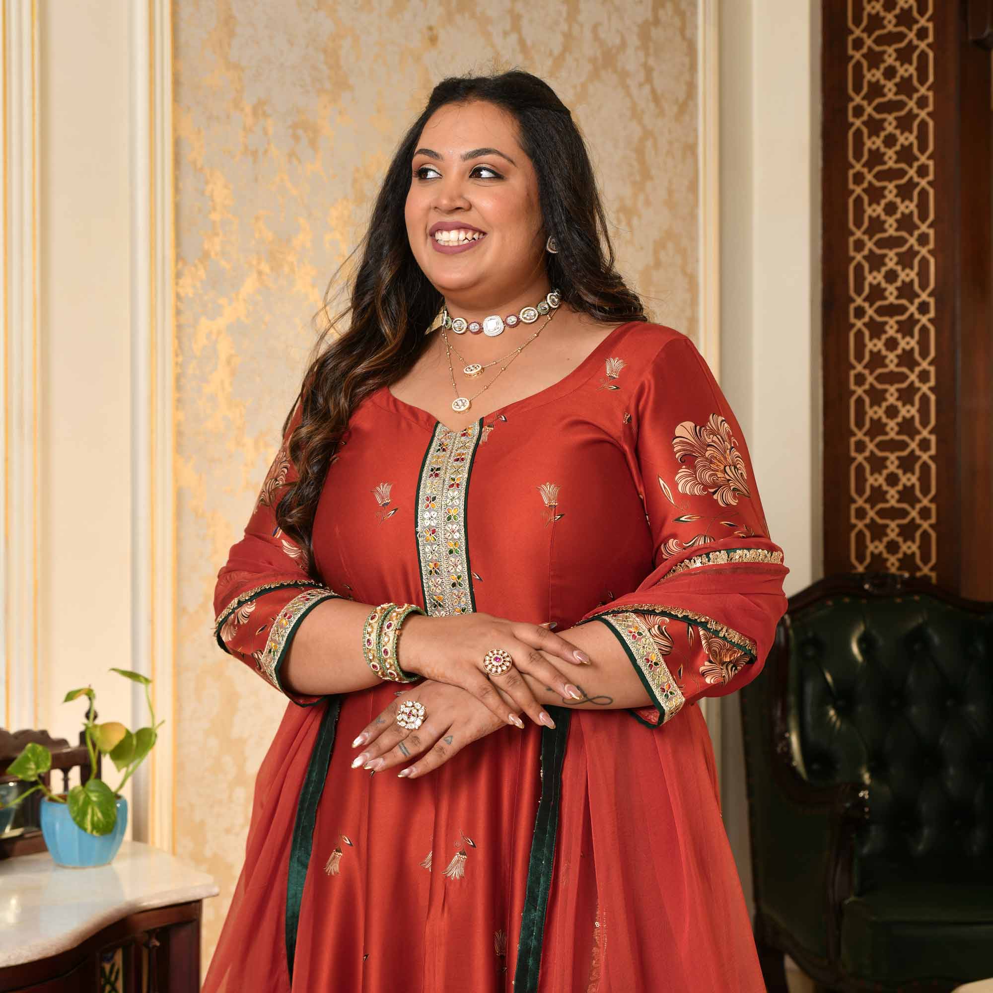 Manek Chowk- Rust Orange Pure Gaji Silk Floral Anarkali Set