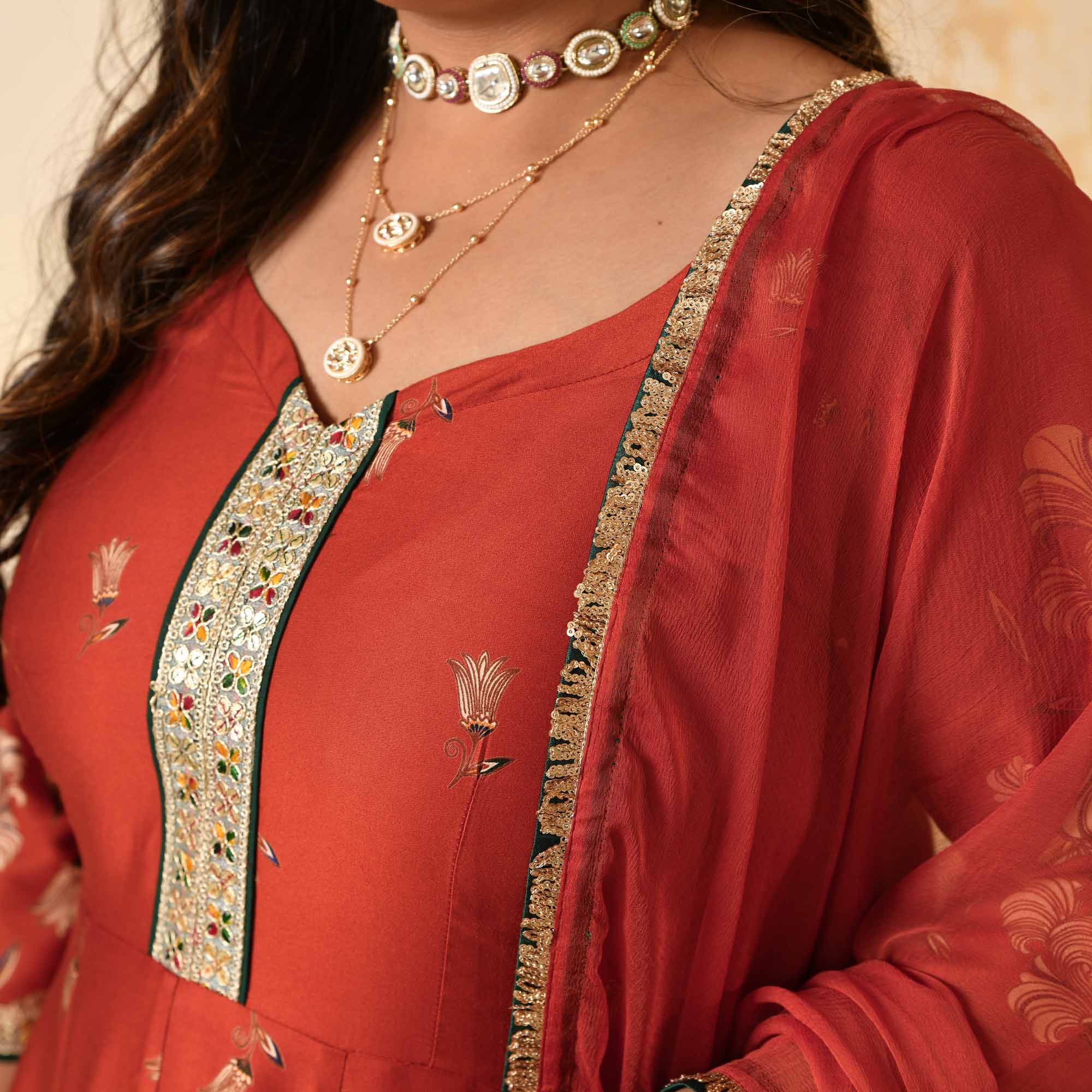 Manek Chowk- Rust Orange Pure Gaji Silk Floral Anarkali Set