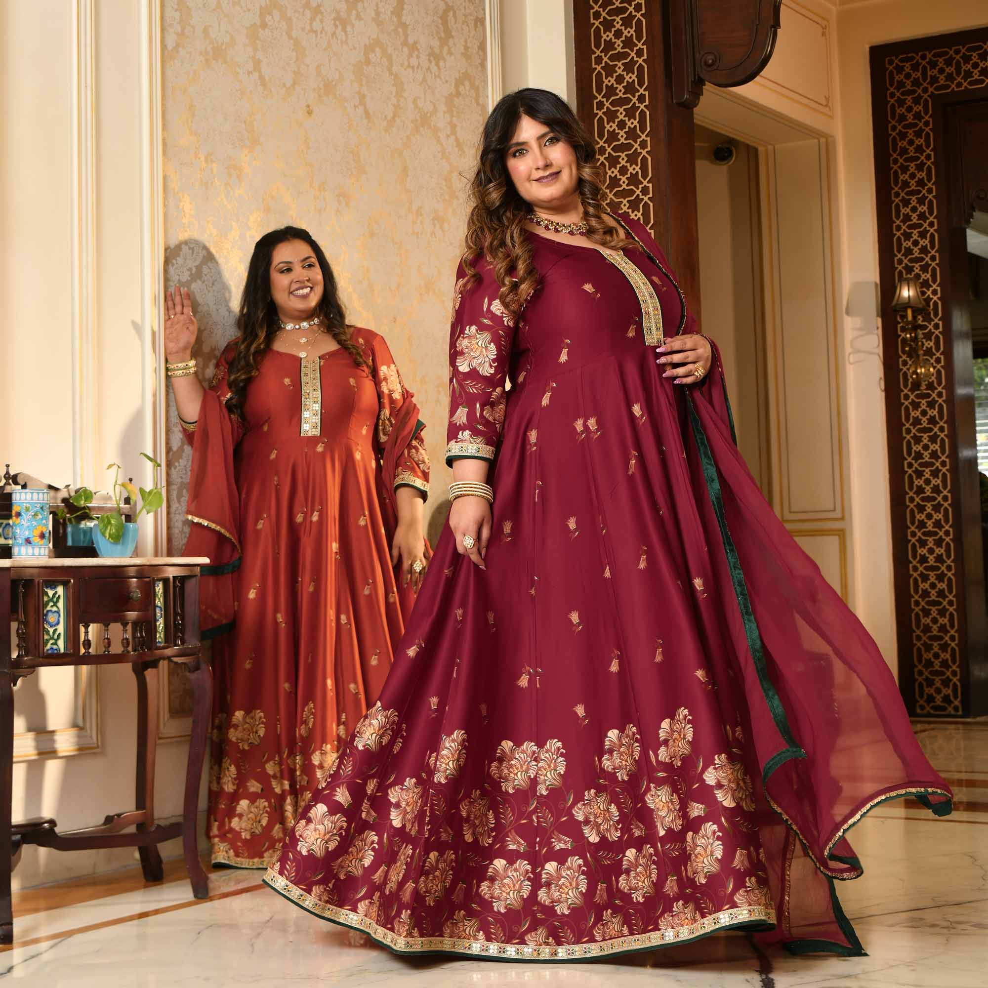 Manek Chowk- Rust Orange Pure Gaji Silk Floral Anarkali Set