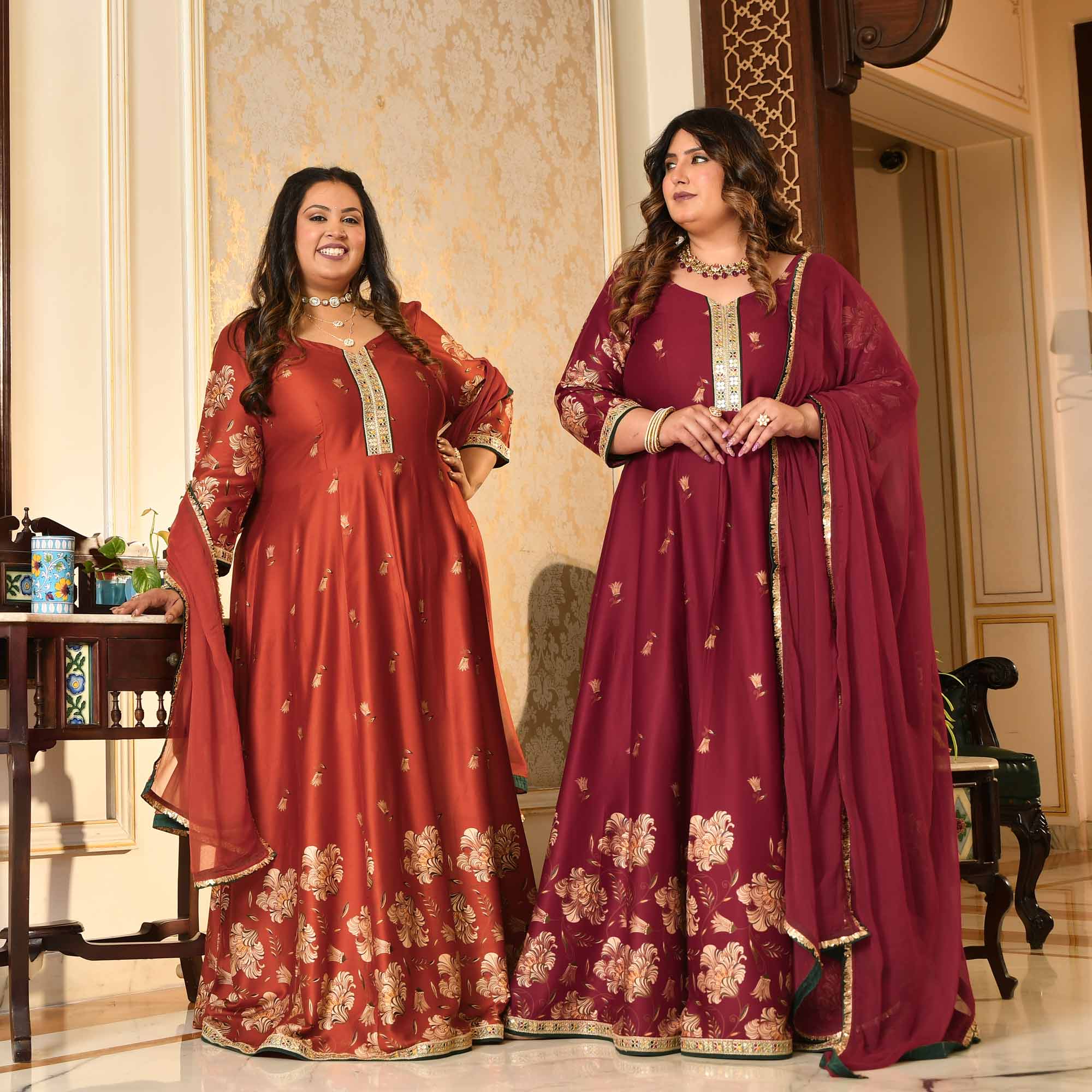 Manek Chowk- Rust Orange Pure Gaji Silk Floral Anarkali Set