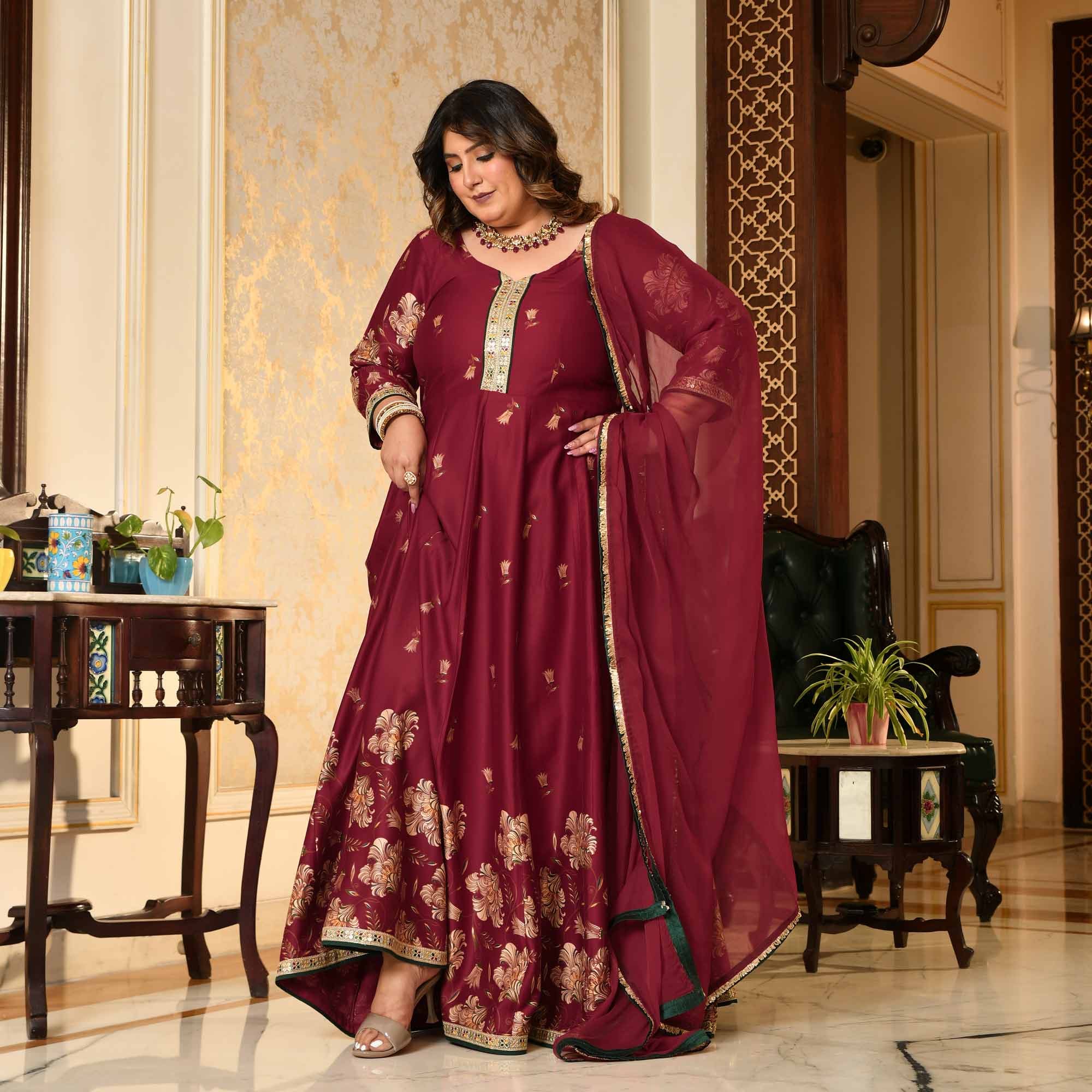 Lal Darwaza- Maroon Pure Gaji Silk Floral Anarkali Set