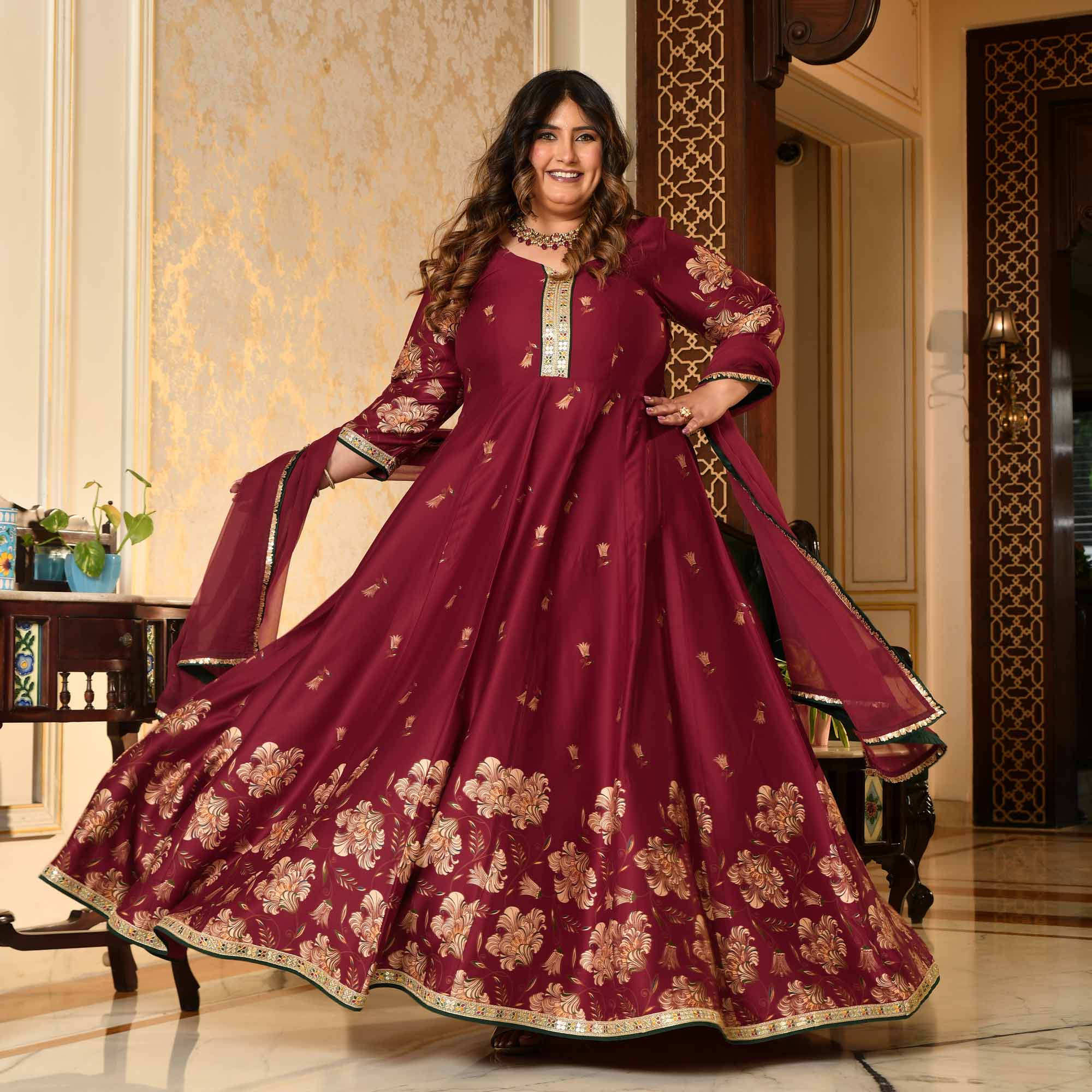 Lal Darwaza- Maroon Pure Gaji Silk Floral Anarkali Set