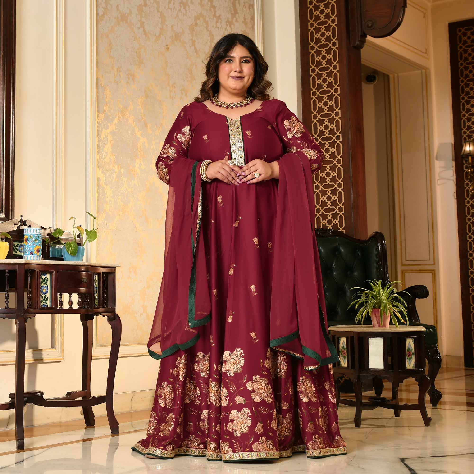 Lal Darwaza- Maroon Pure Gaji Silk Floral Anarkali Set