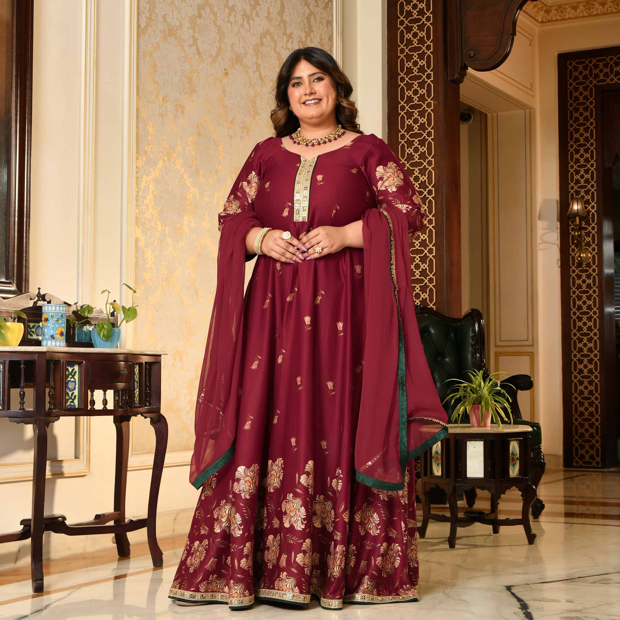 Lal Darwaza- Maroon Pure Gaji Silk Floral Anarkali Set
