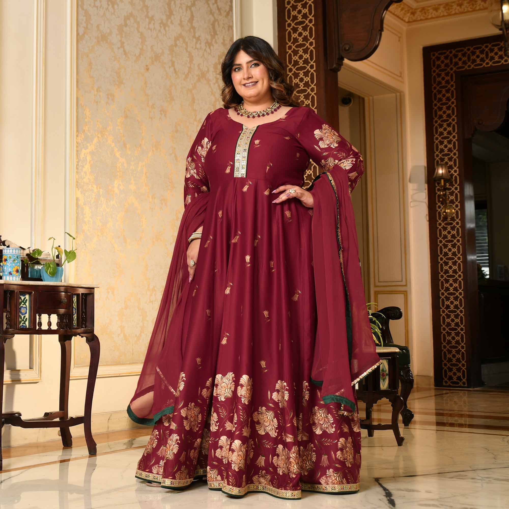 Lal Darwaza- Maroon Pure Gaji Silk Floral Anarkali Set