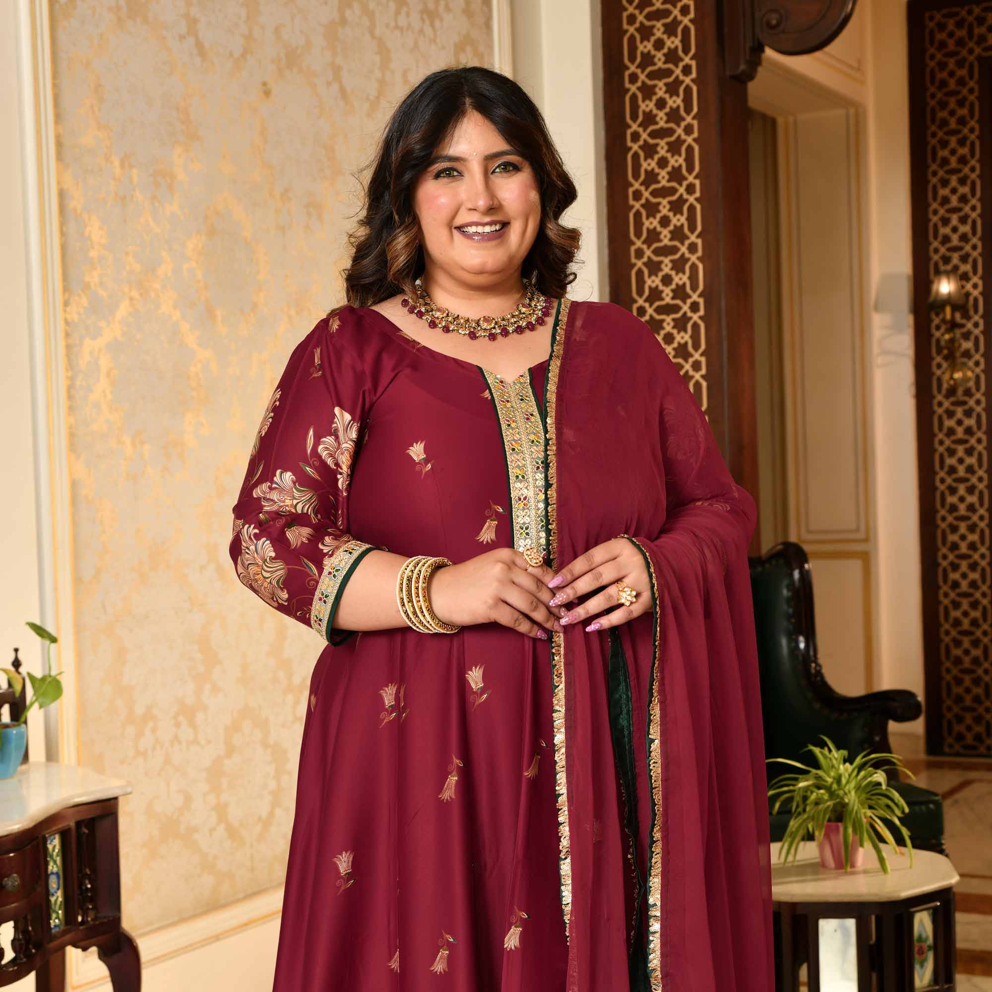 Lal Darwaza- Maroon Pure Gaji Silk Floral Anarkali Set