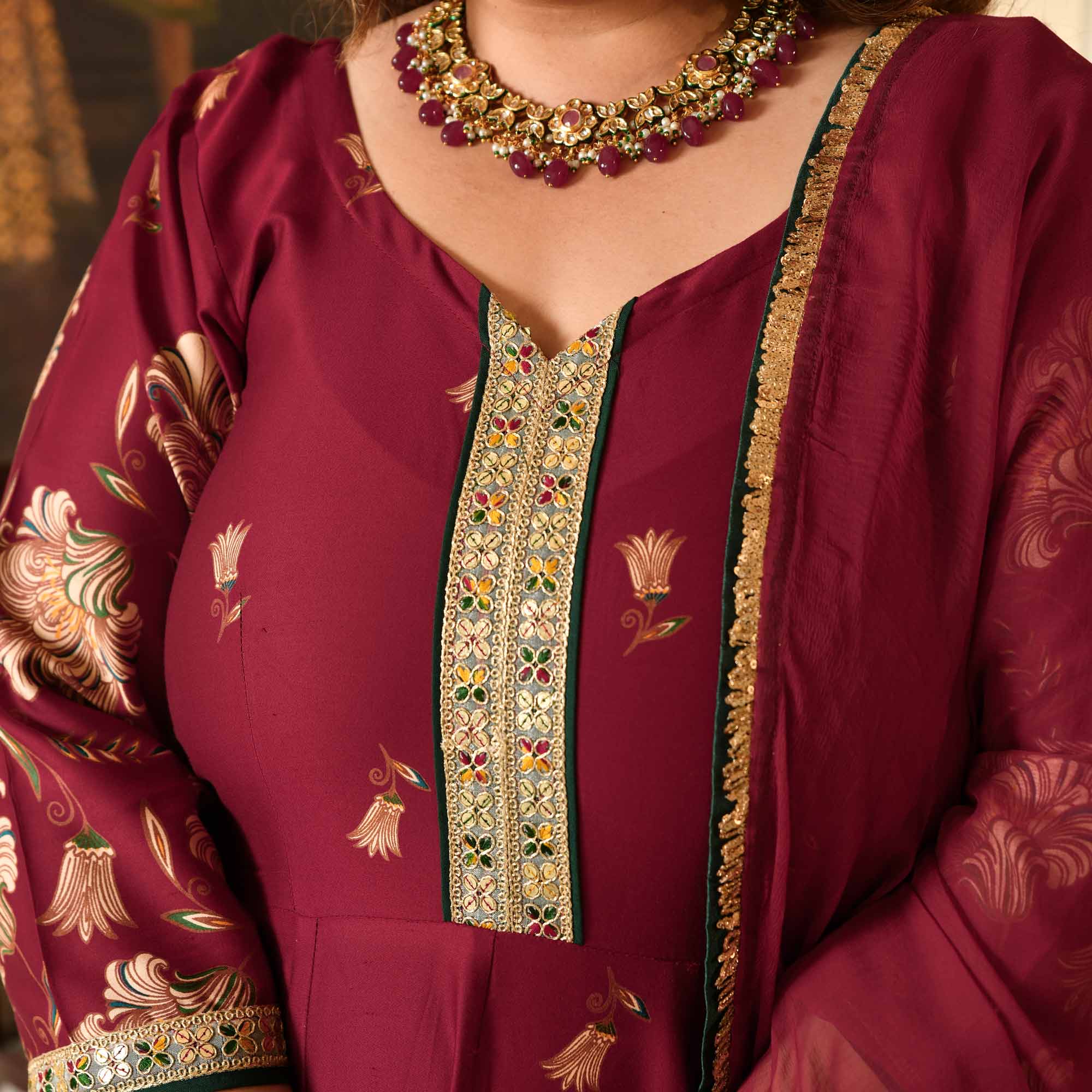 Lal Darwaza- Maroon Pure Gaji Silk Floral Anarkali Set