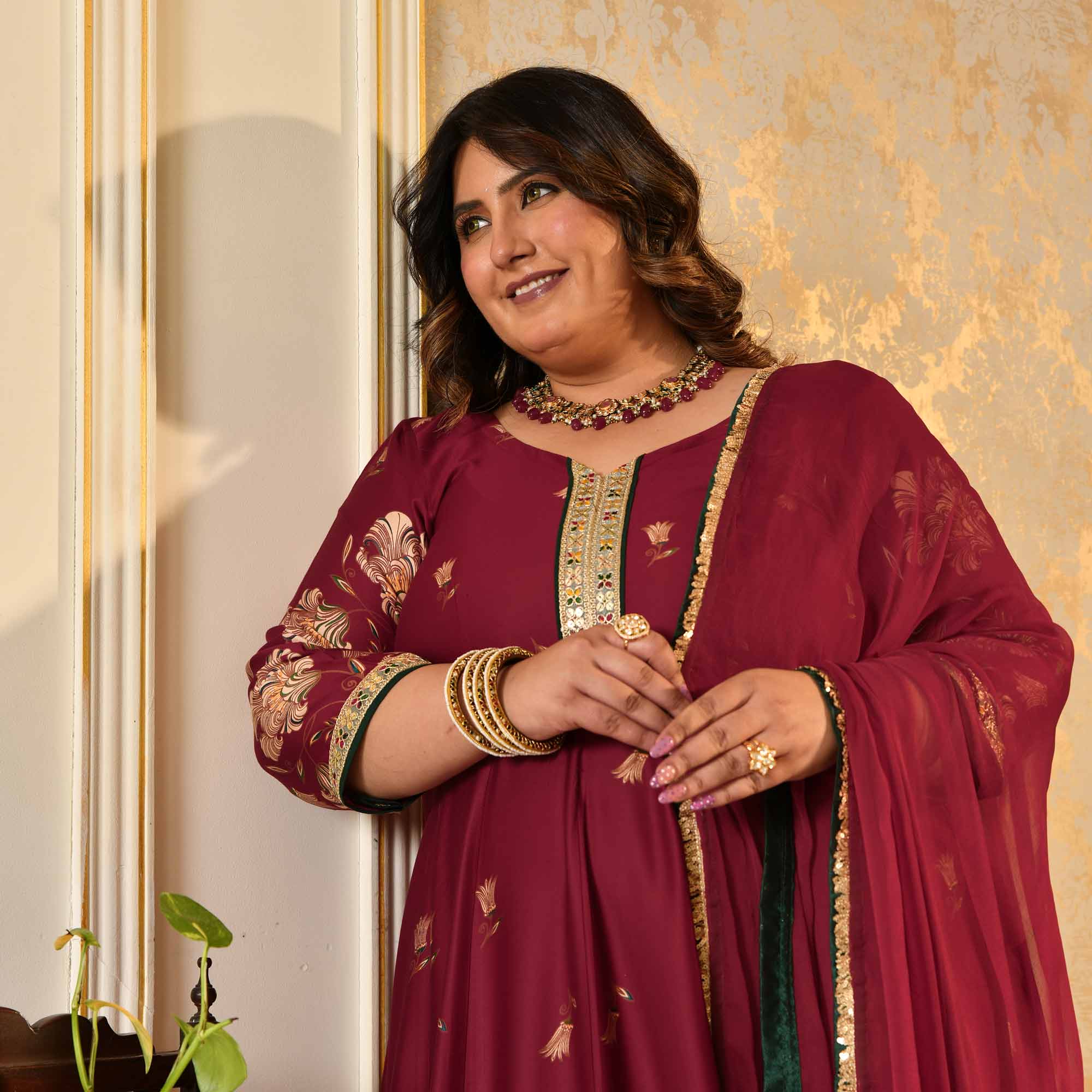Lal Darwaza- Maroon Pure Gaji Silk Floral Anarkali Set