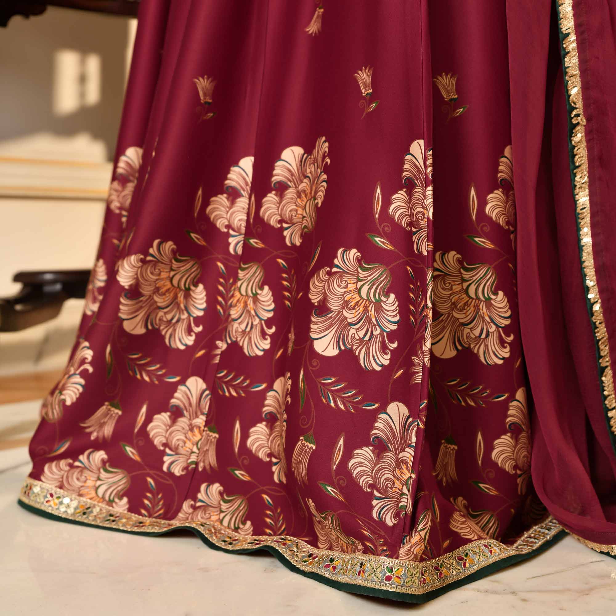 Lal Darwaza- Maroon Pure Gaji Silk Floral Anarkali Set
