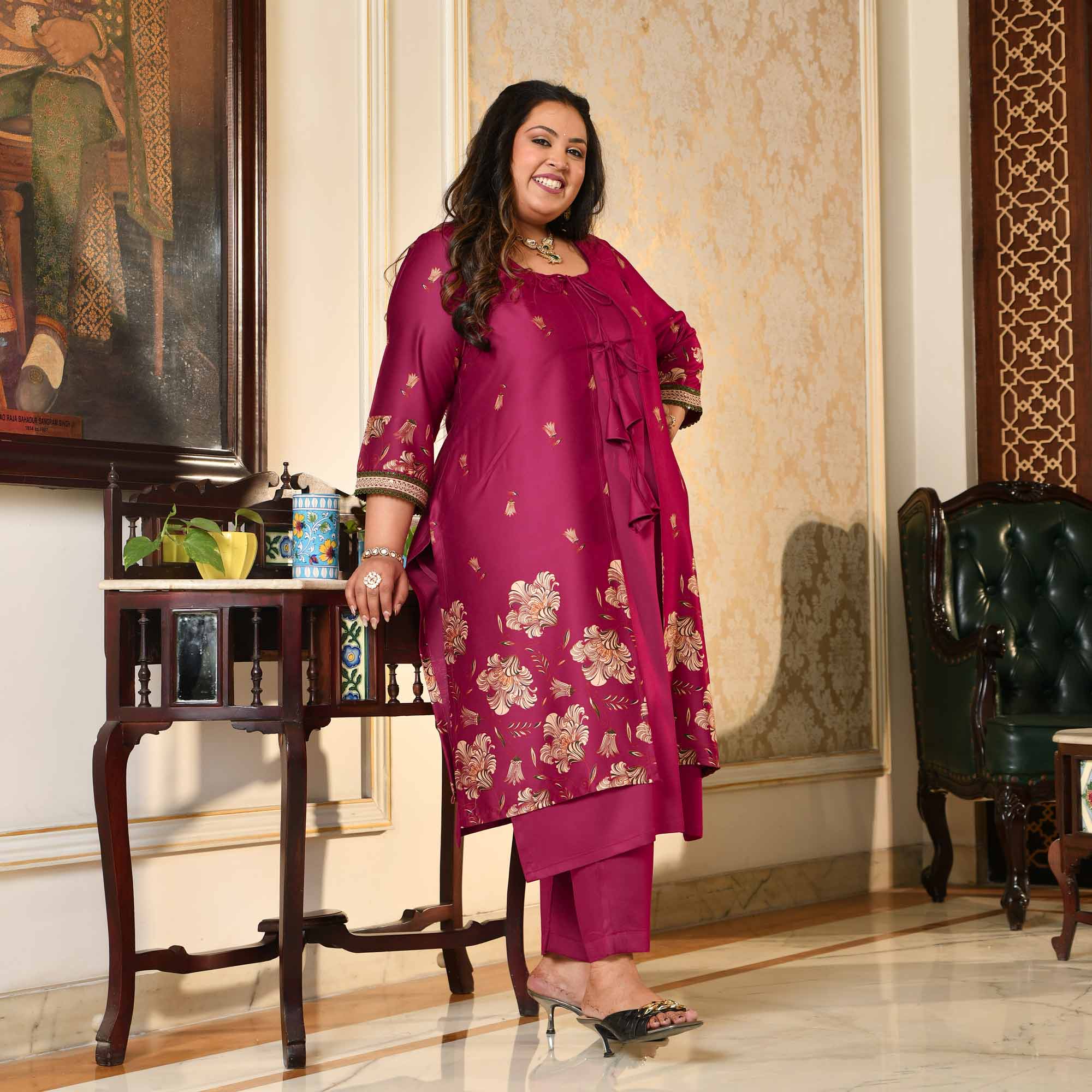 Mandvi- Magenta Pink Pure Gaji Silk Floral Cape Set