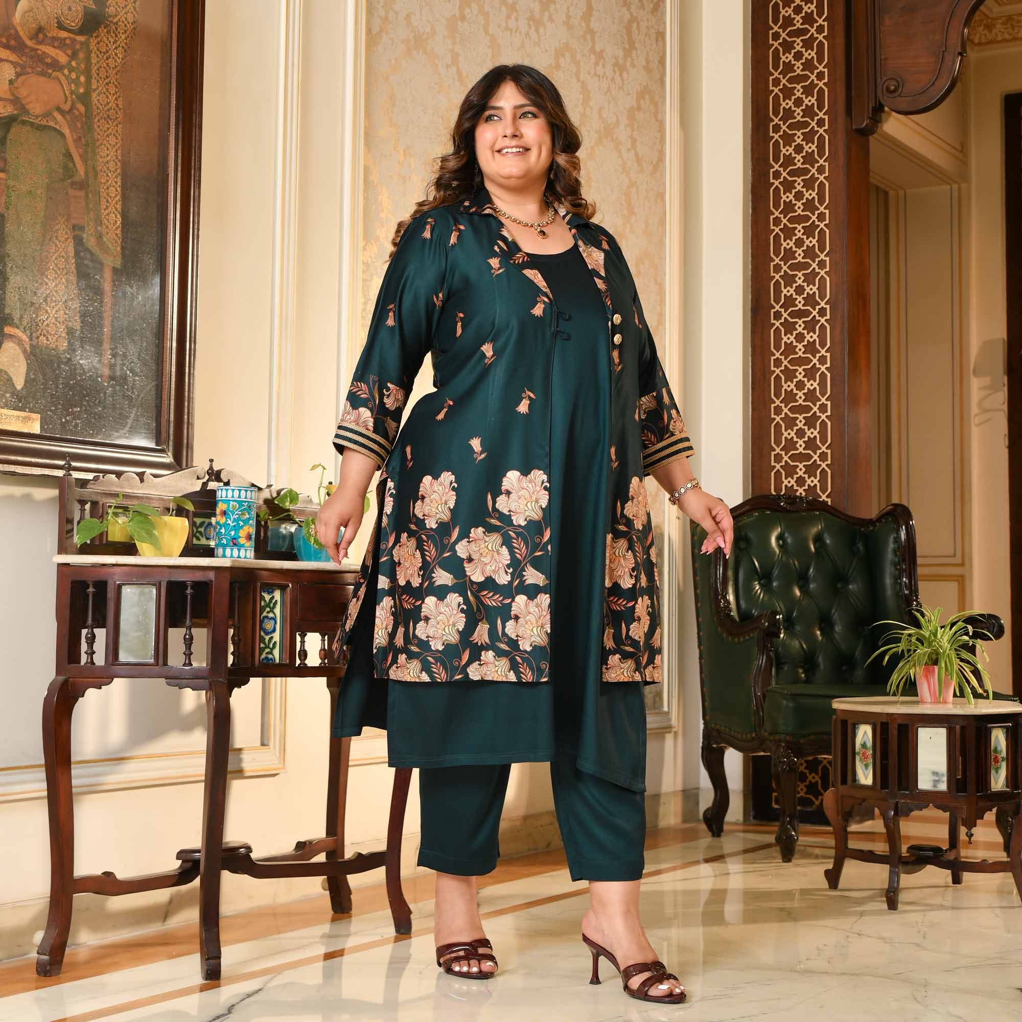 Sabarmati- Peacock Blue Pure Gaji Silk Floral Cape Set