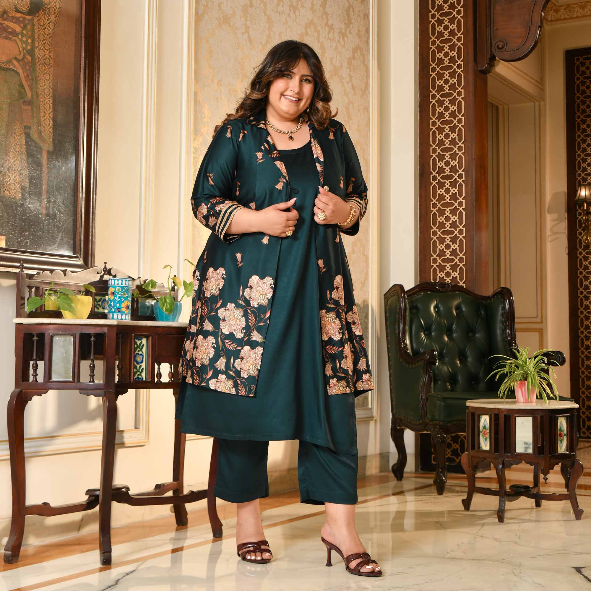 Sabarmati- Peacock Blue Pure Gaji Silk Floral Cape Set