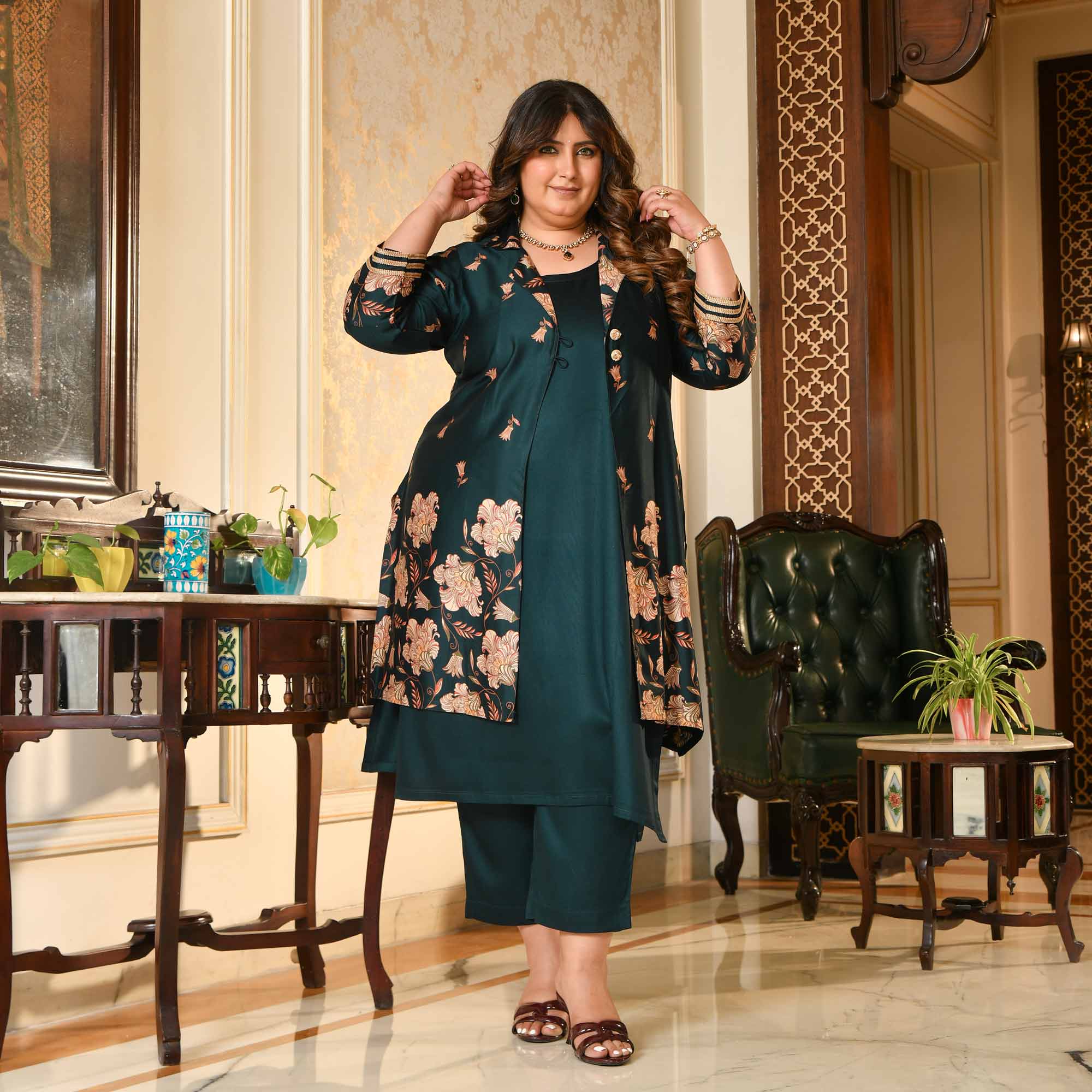 Sabarmati- Peacock Blue Pure Gaji Silk Floral Cape Set