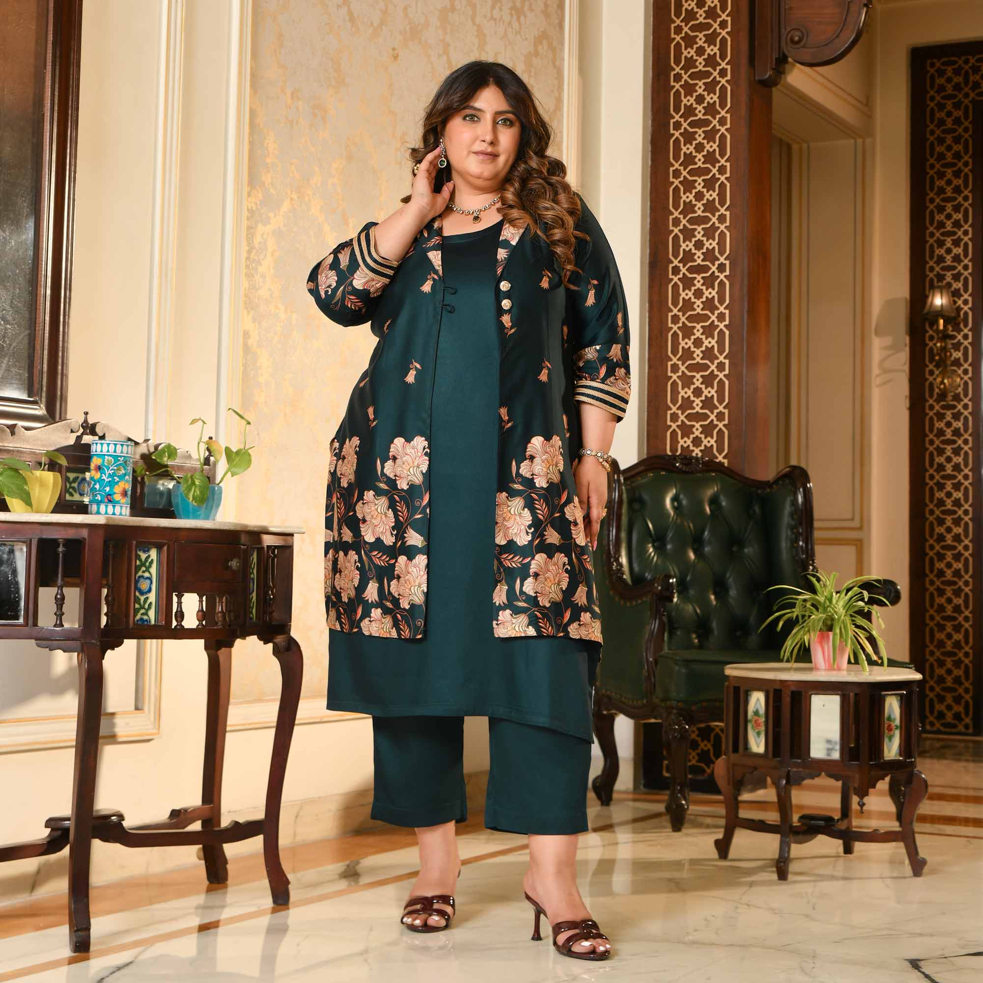 Sabarmati- Peacock Blue Pure Gaji Silk Floral Cape Set