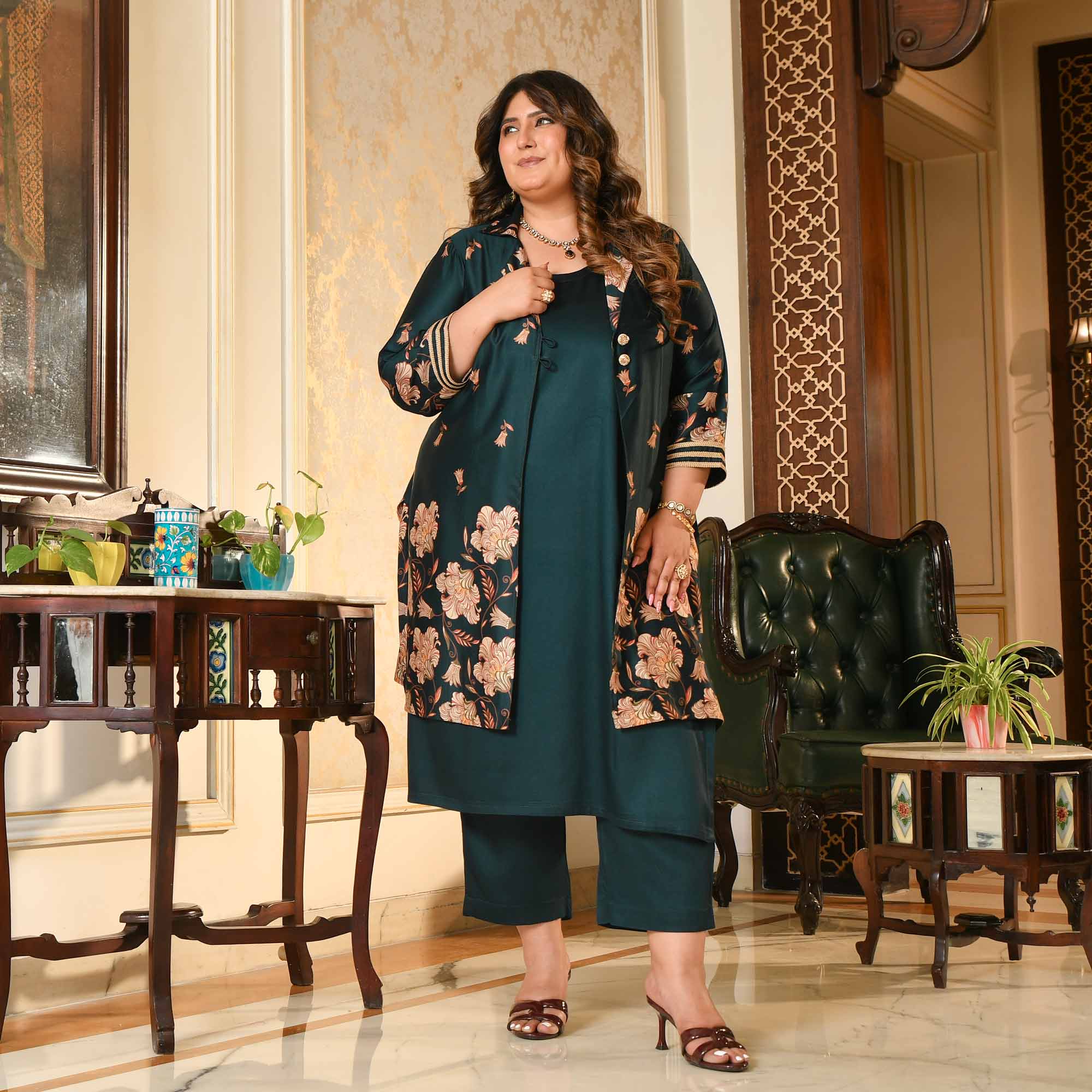 Sabarmati- Peacock Blue Pure Gaji Silk Floral Cape Set