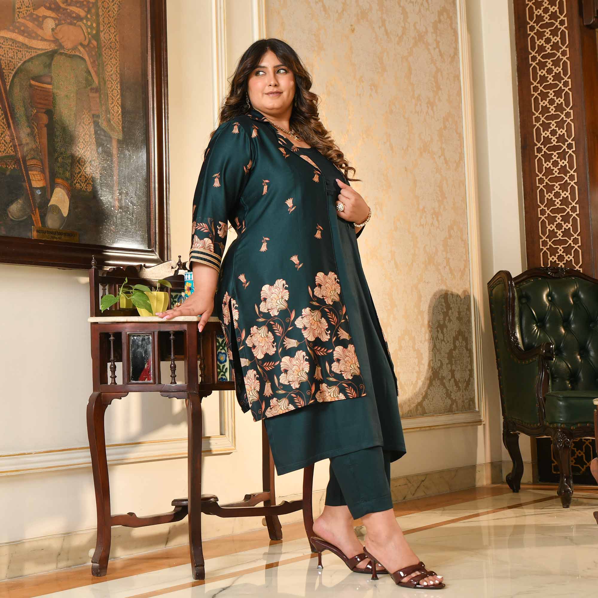 Sabarmati- Peacock Blue Pure Gaji Silk Floral Cape Set